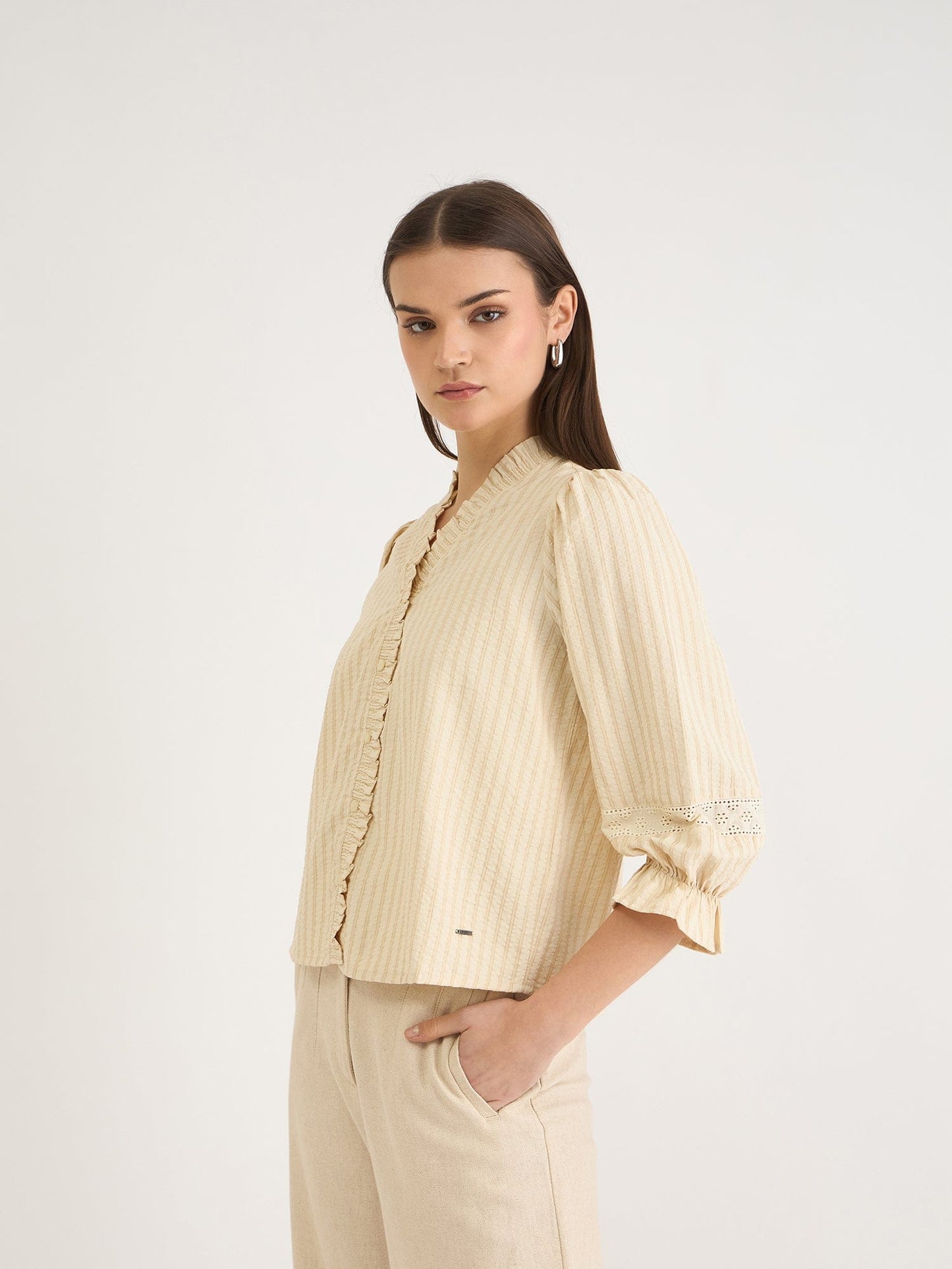 Elle Women Beige Striped V Neck Shirt