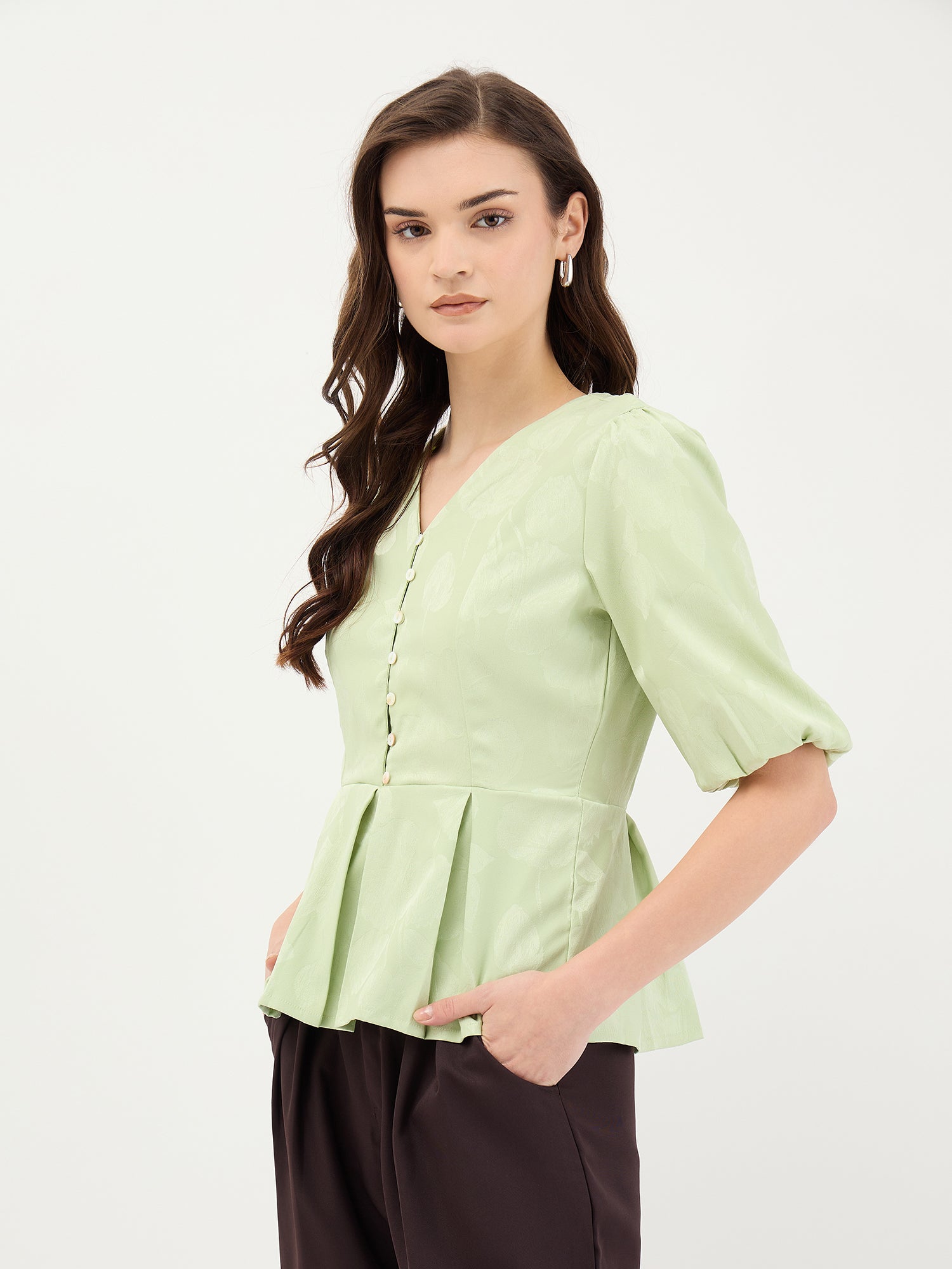 Elle Women Green Jacquard Collar Top