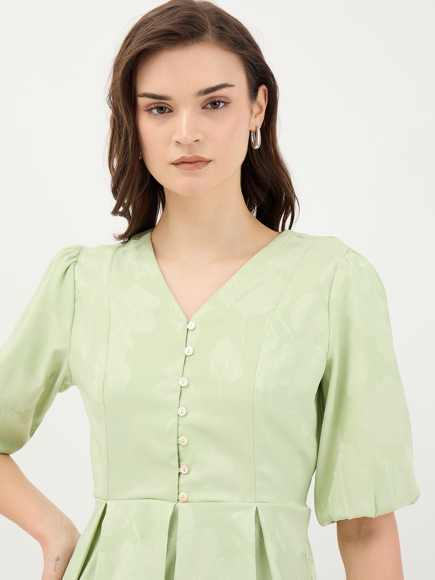 Elle Women Green Jacquard Collar Top