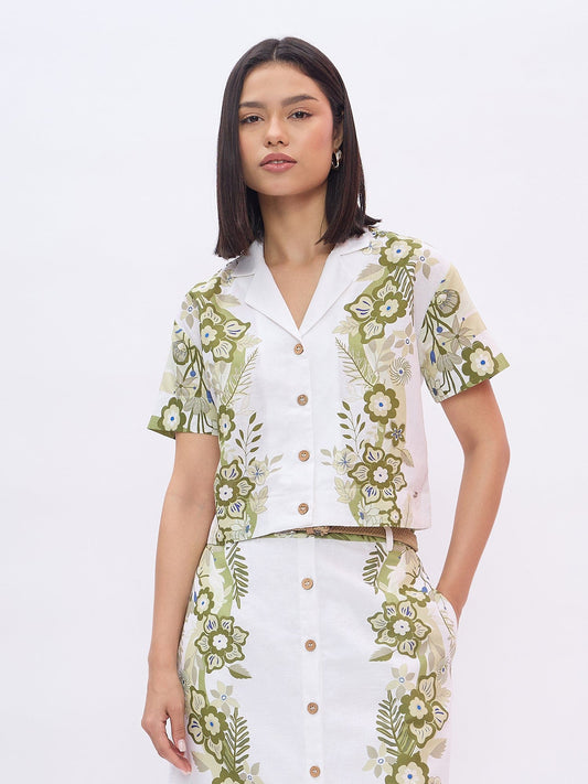 Elle Women White Printed Notched Lapel Top