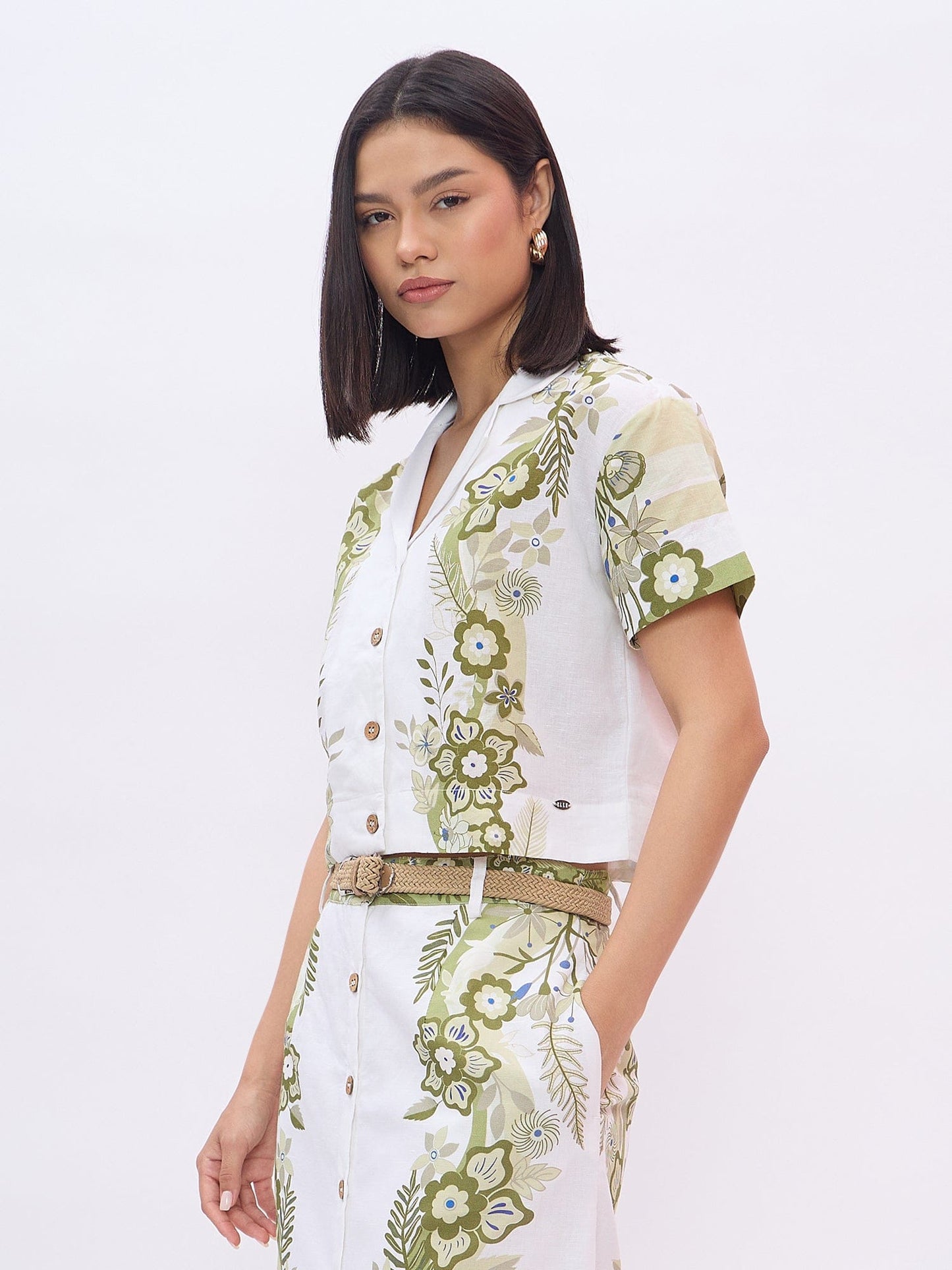 Elle Women White Printed Notched Lapel Top