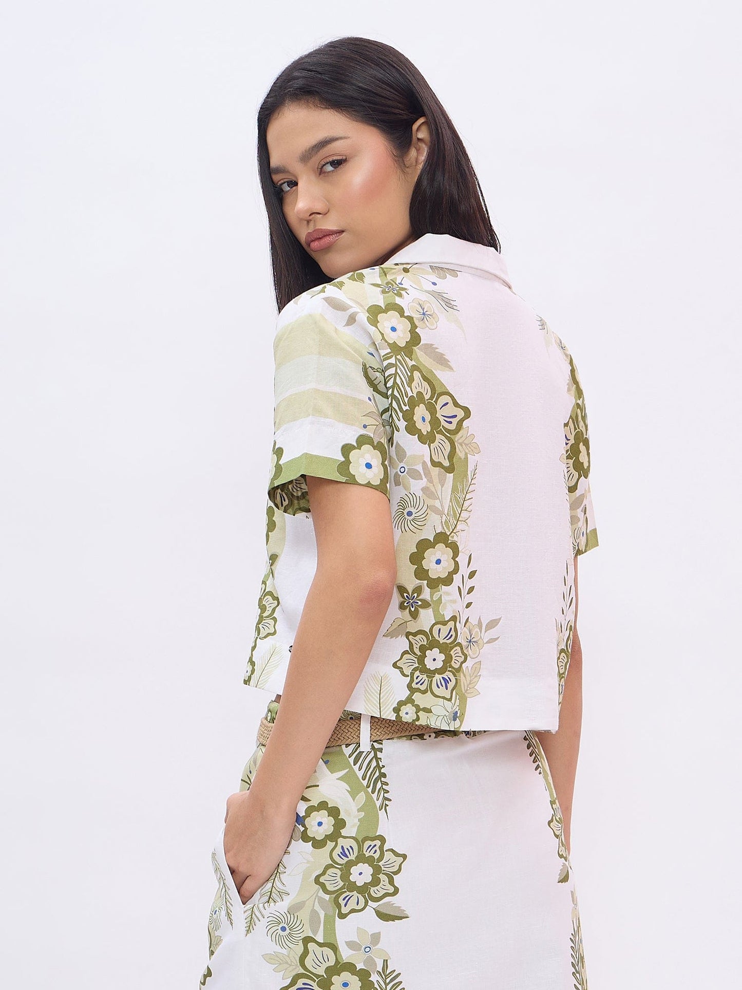 Elle Women White Printed Notched Lapel Top