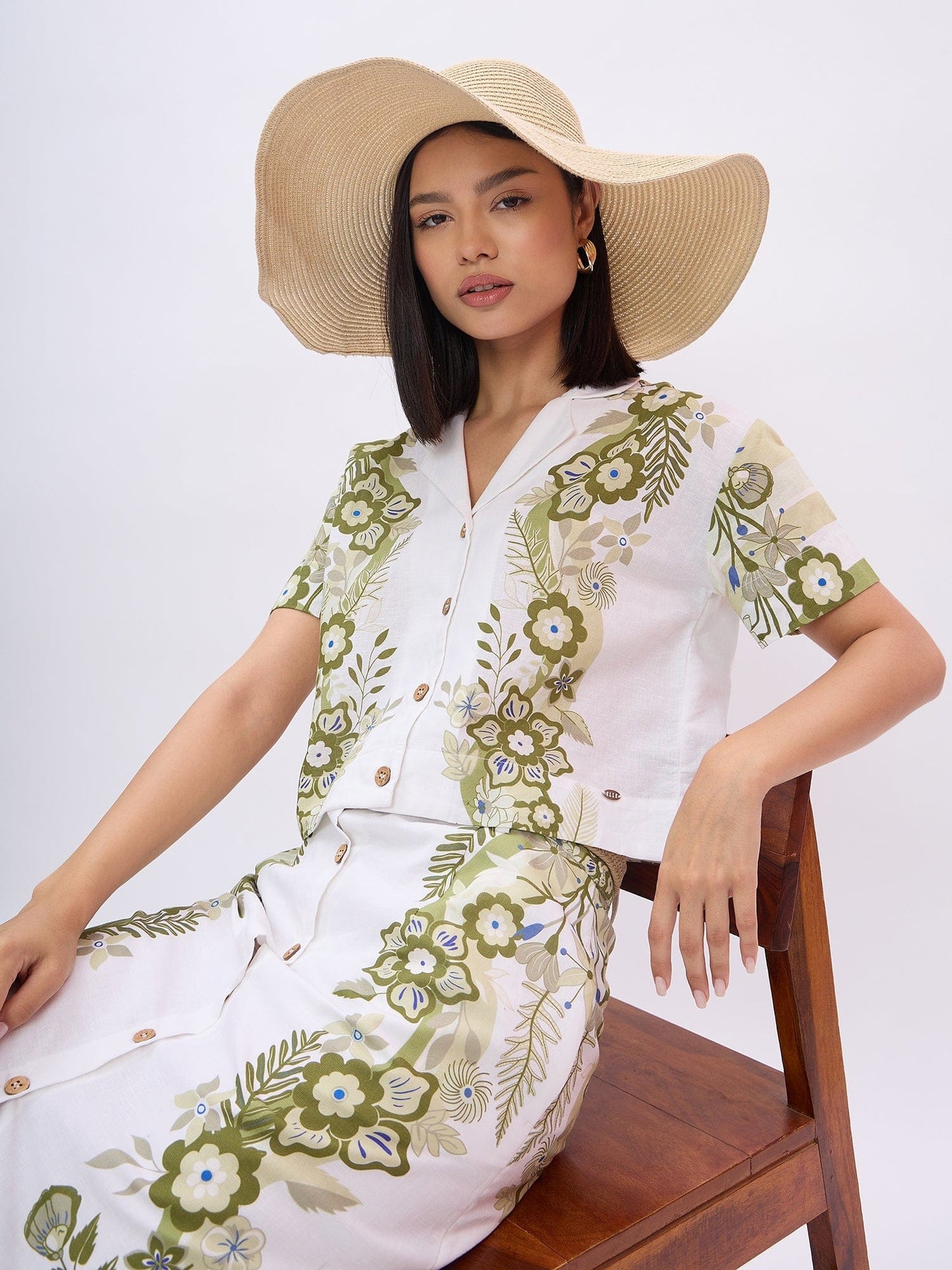 Elle Women White Printed Notched Lapel Top