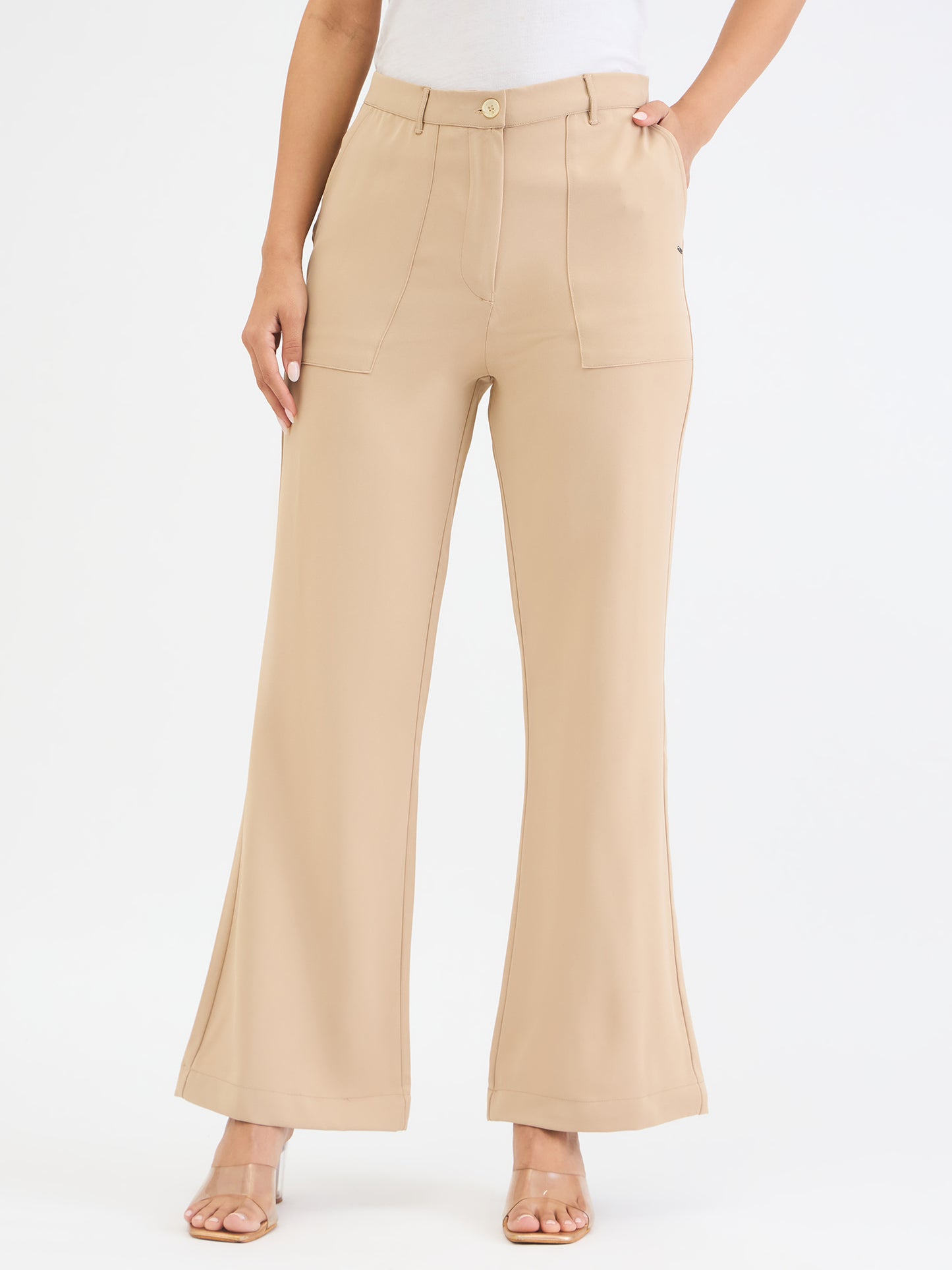 Elle Women Beige Bell Bottom Solid Trouser