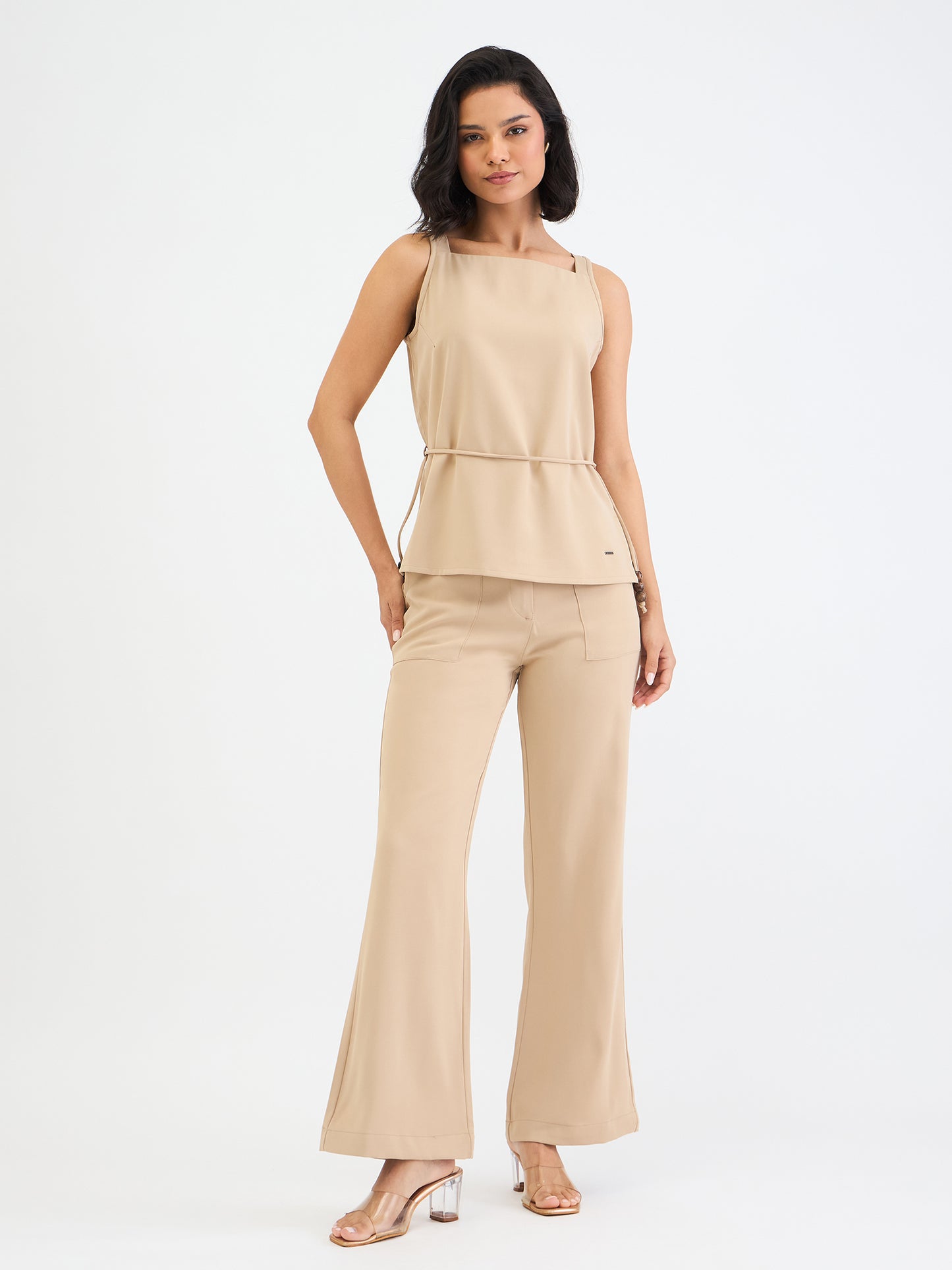 Elle Women Beige Bell Bottom Solid Trouser