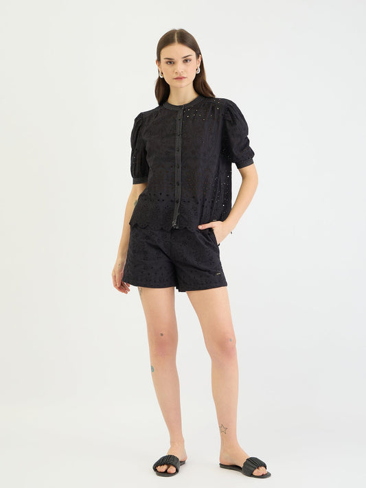 Elle Women Black Schiffli Round Neck Top