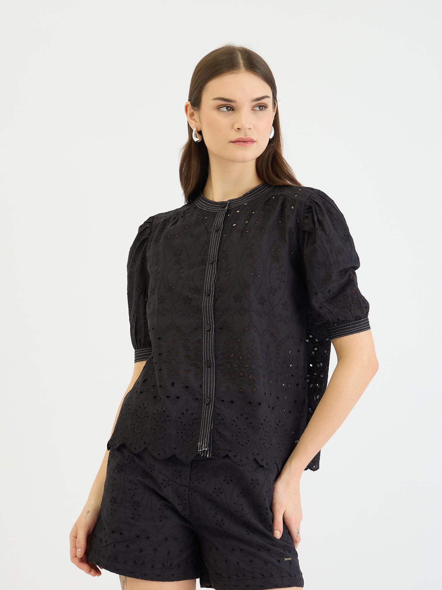 Elle Women Black Schiffli Round Neck Top