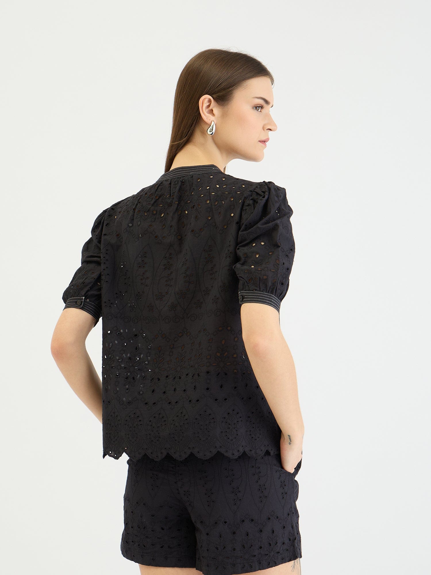 Elle Women Black Schiffli Round Neck Top