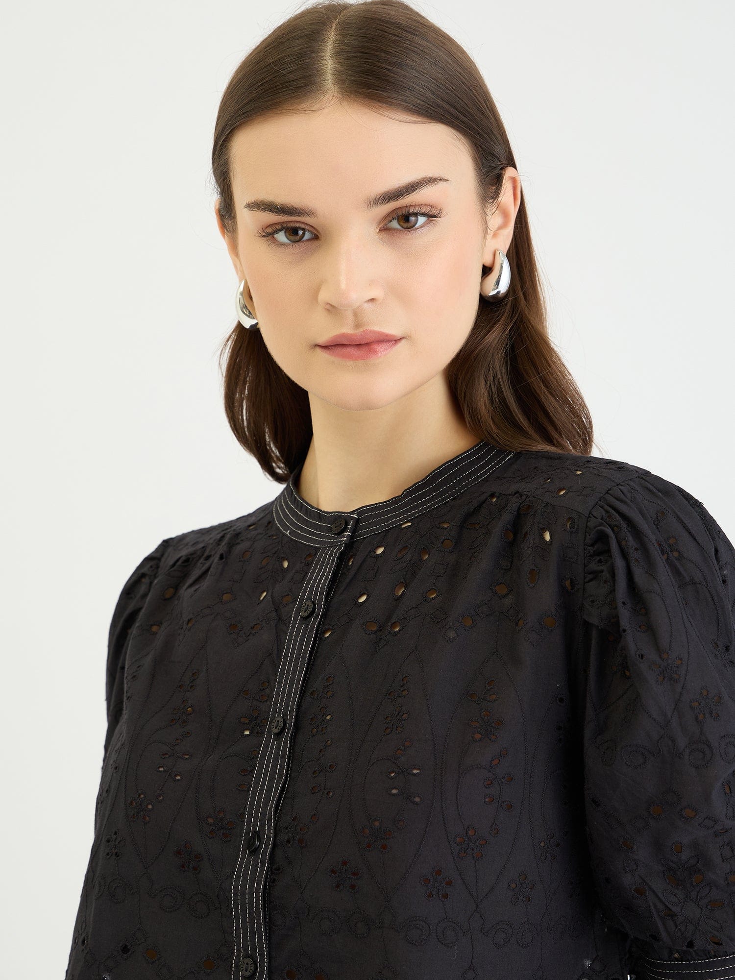 Elle Women Black Schiffli Round Neck Top