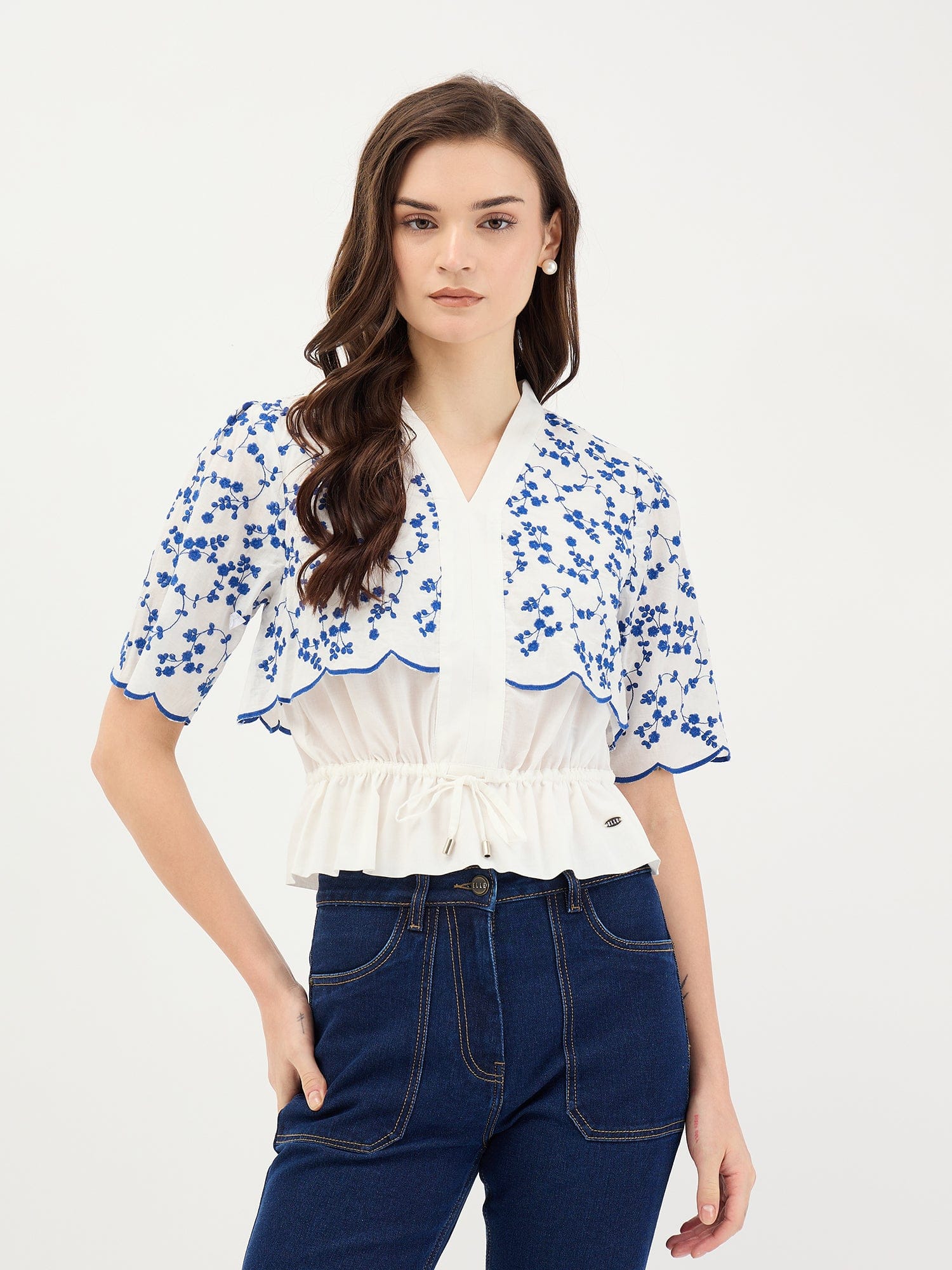 Elle Women White Embroidered V Neck Top