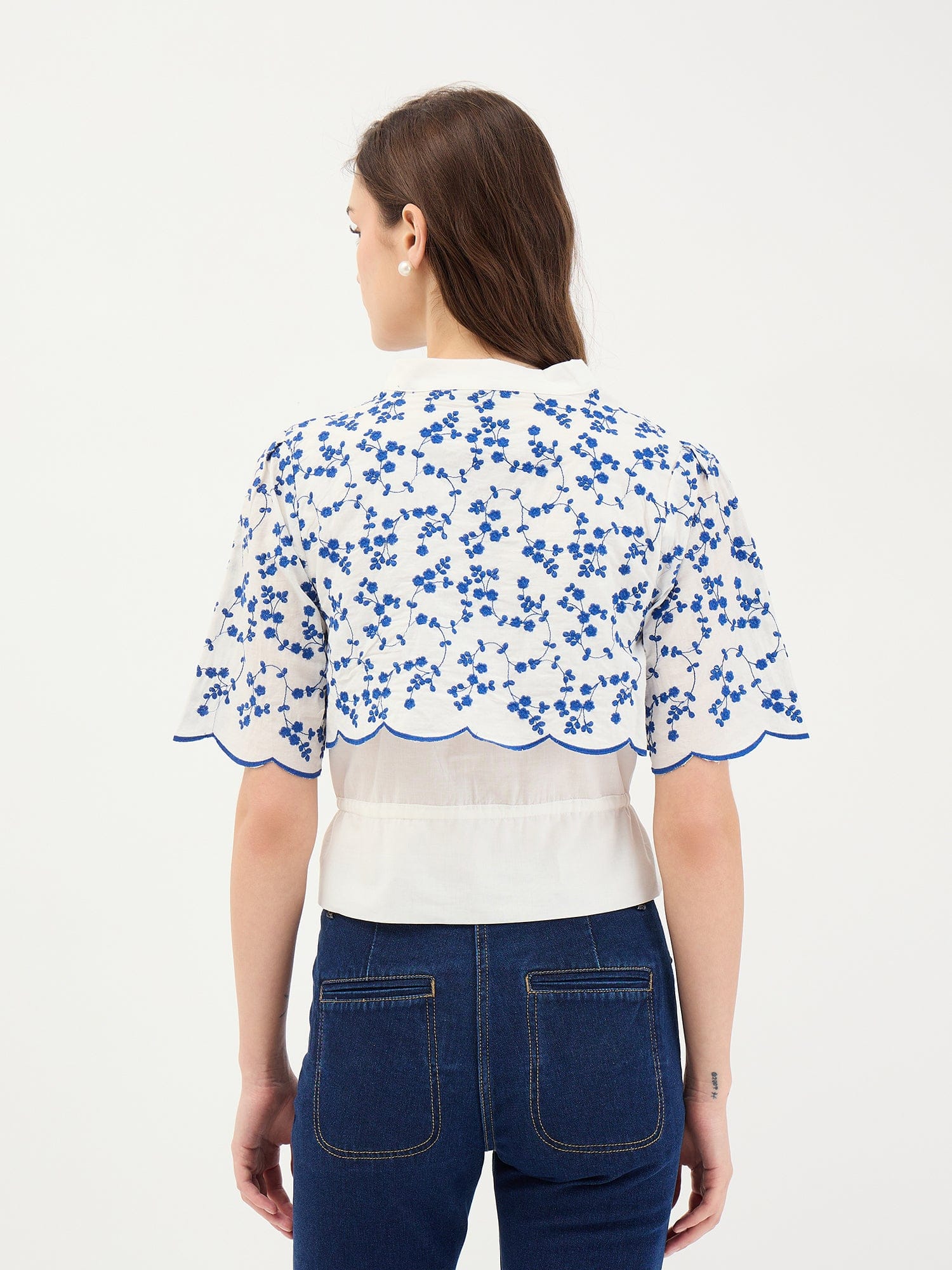 Elle Women White Embroidered V Neck Top