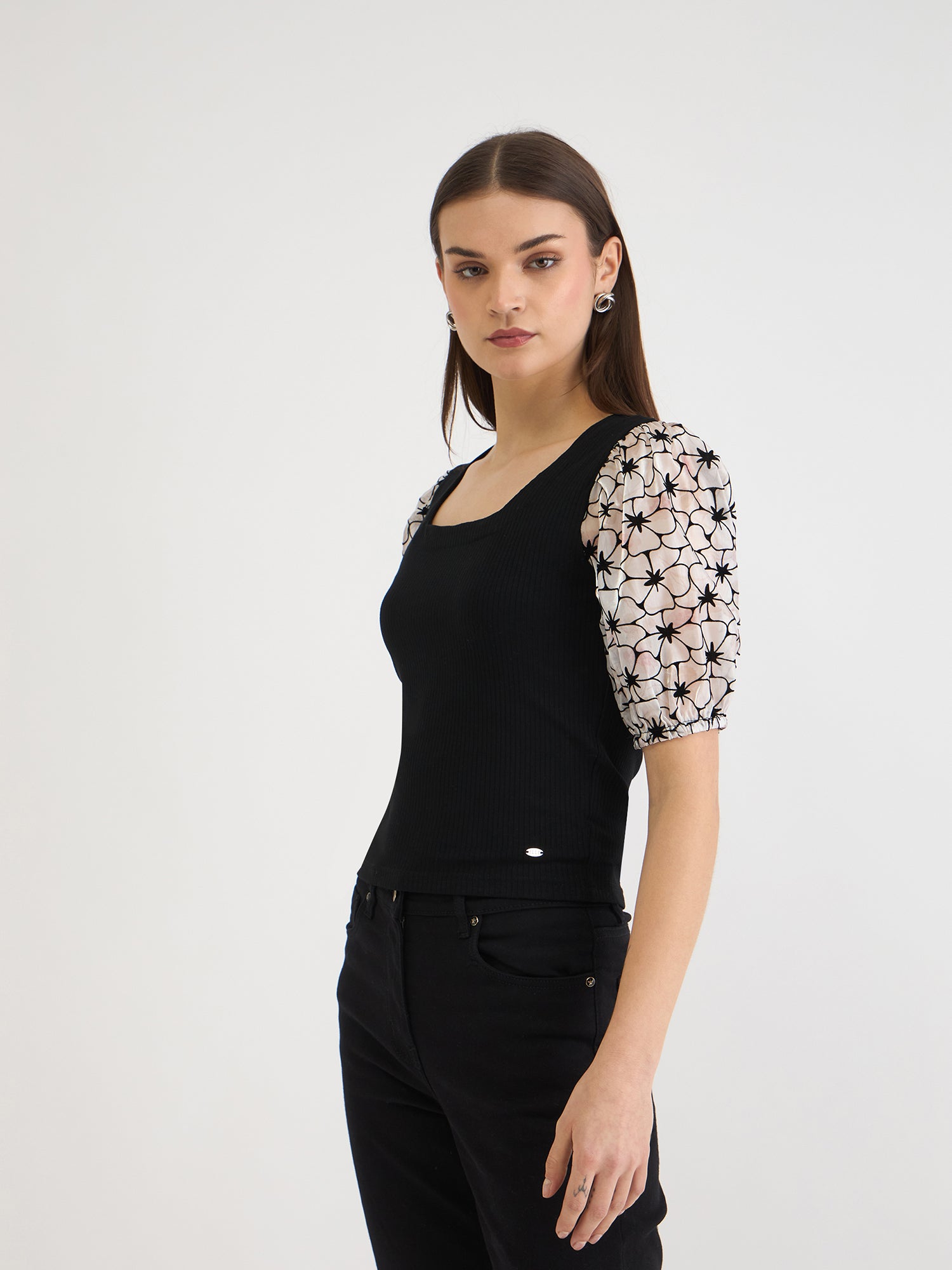 Elle Women Black Solid Square Neck Tshirt