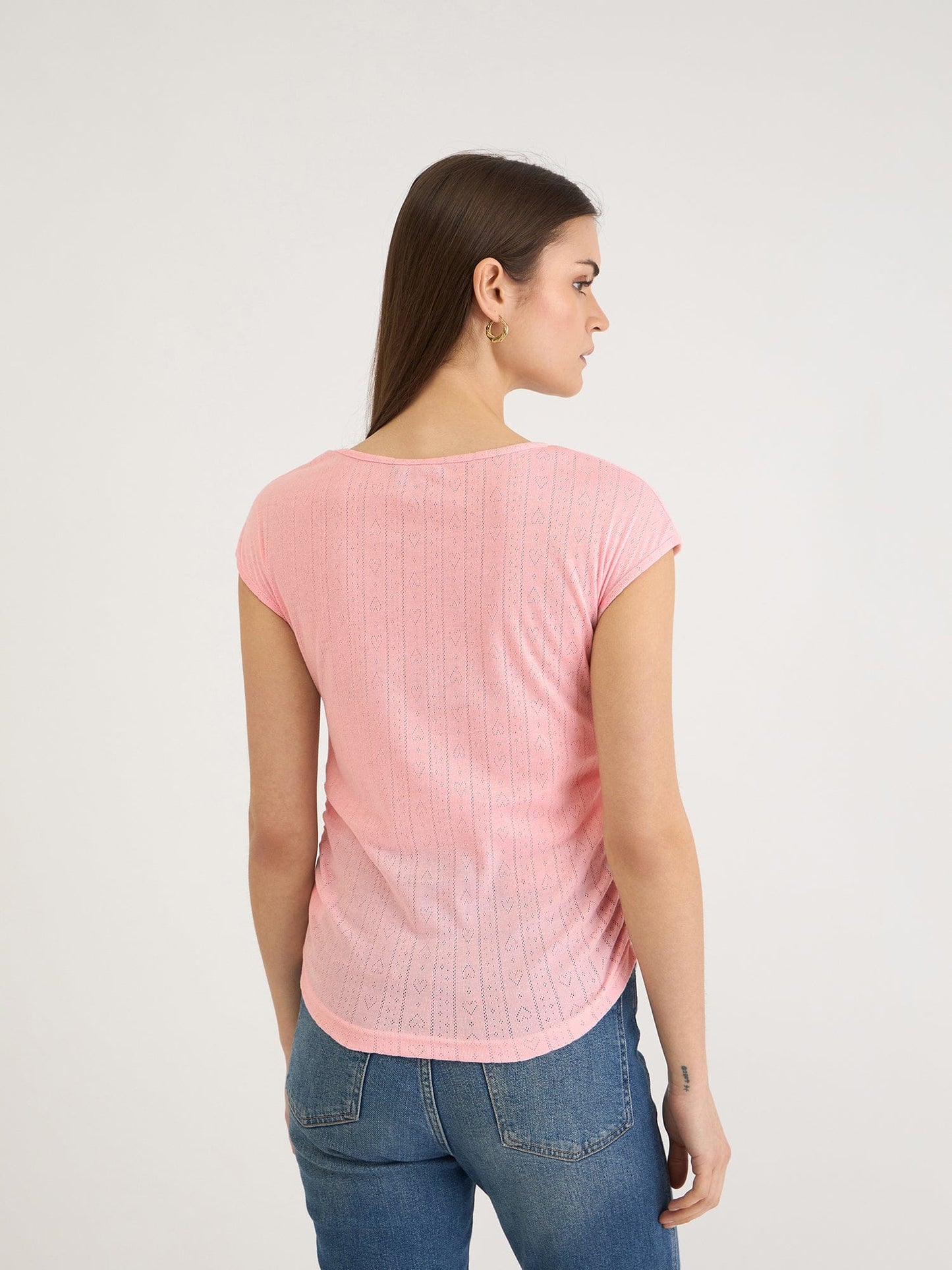 Elle Women Pink Textured Boat Neck Tshirt