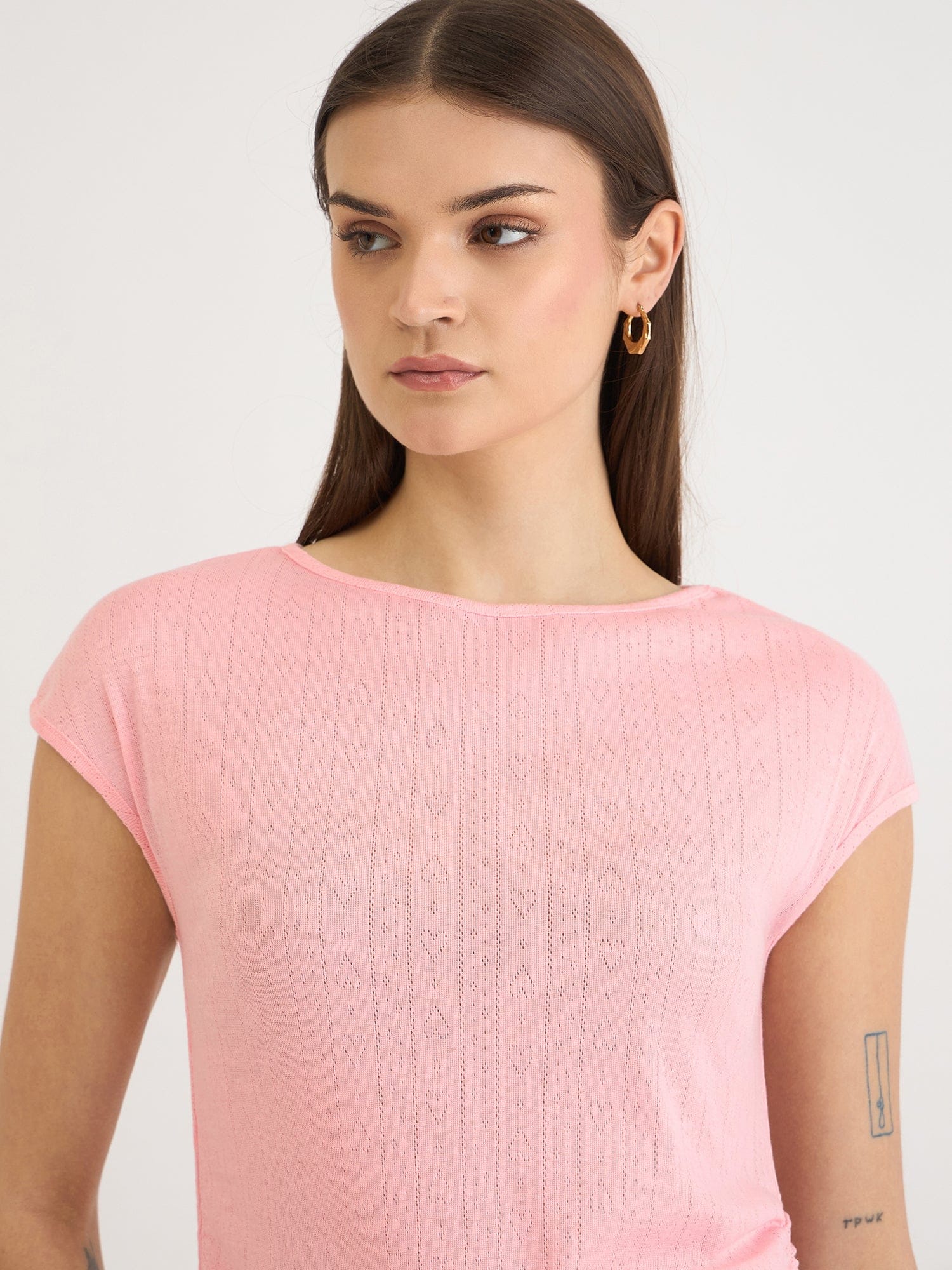 Elle Women Pink Textured Boat Neck Tshirt