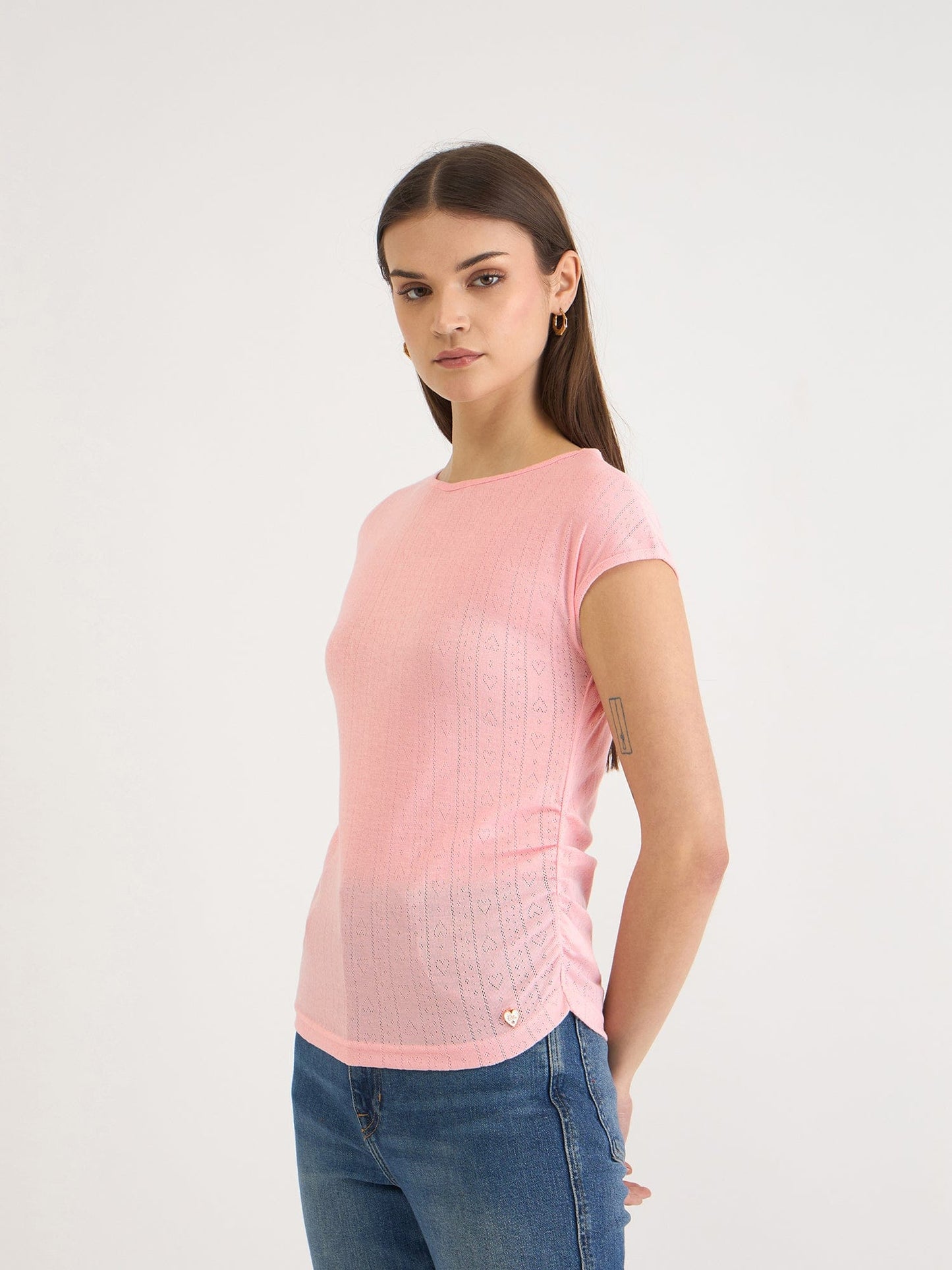 Elle Women Pink Textured Boat Neck Tshirt