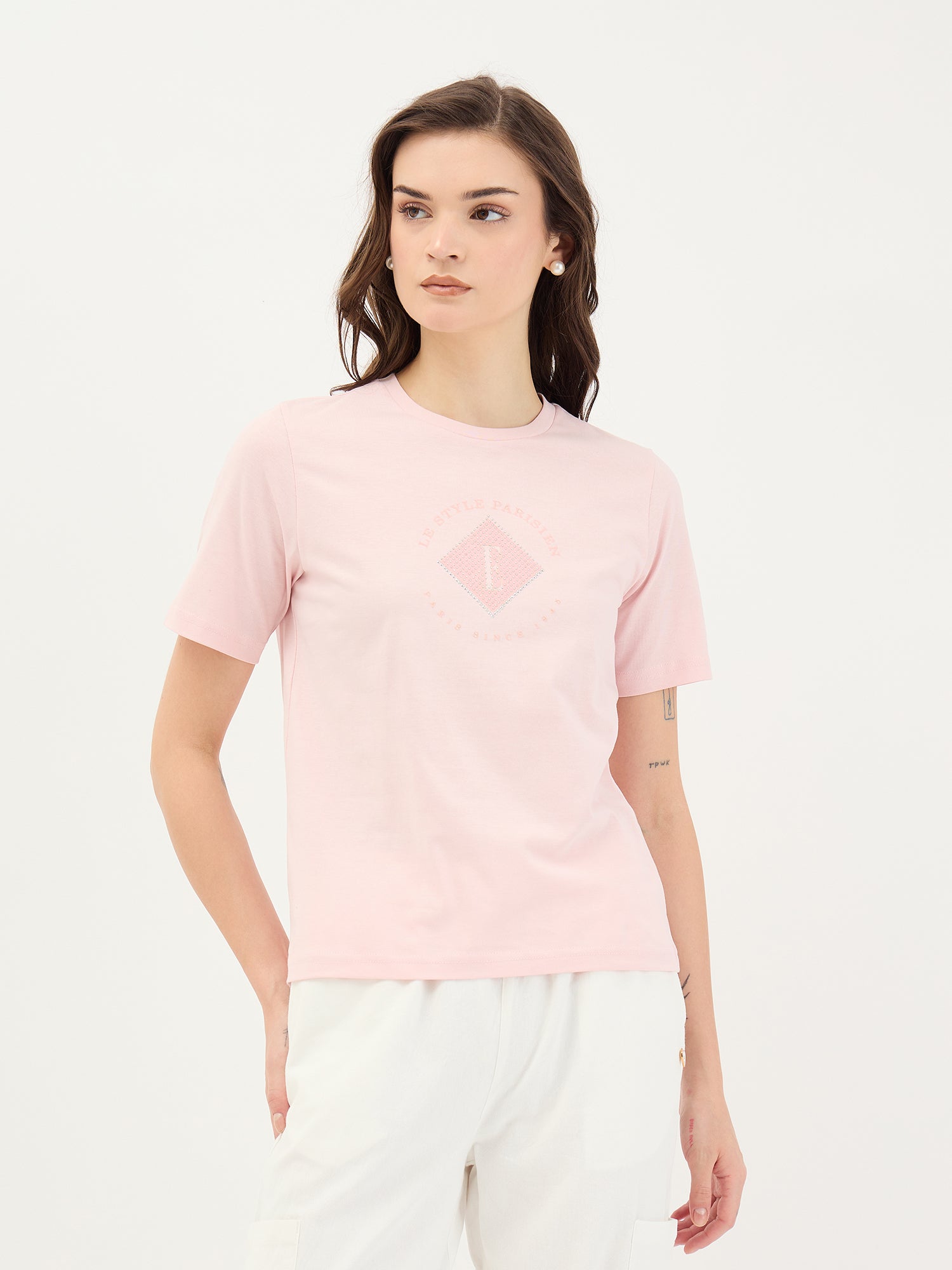 Elle Women Pink Solid Crew Neck TShirt