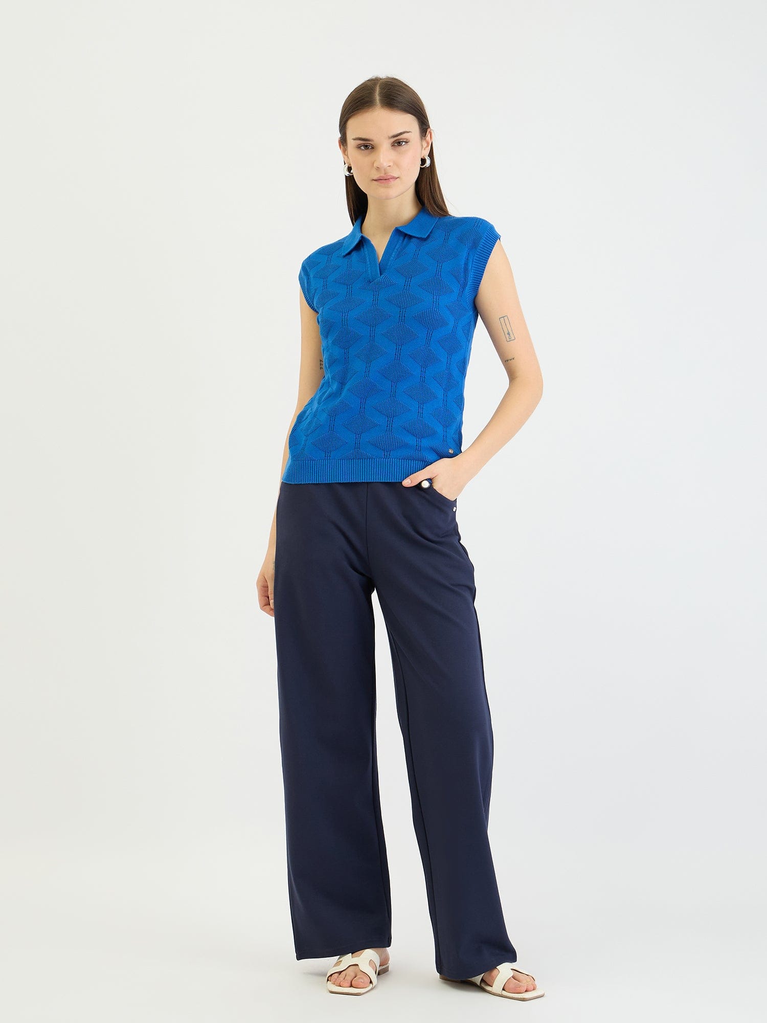 Elle Women Blue Knitted Polo Tshirt