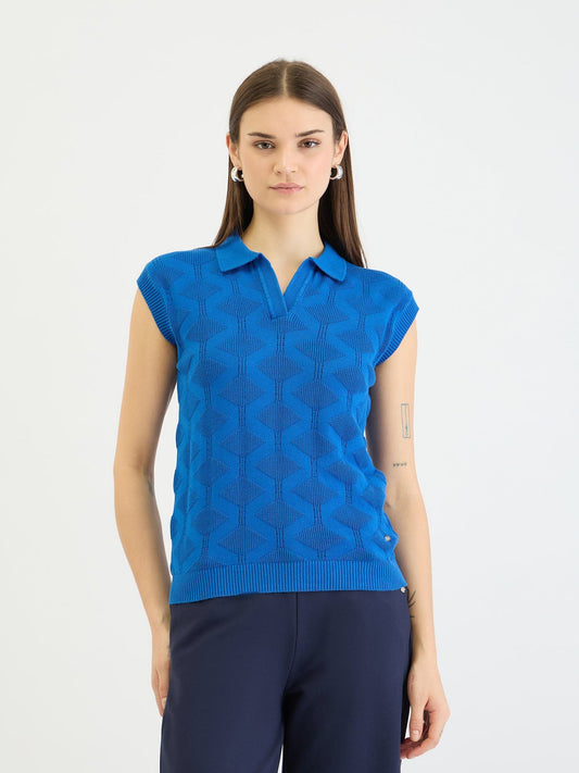 Elle Women Blue Knitted Polo Tshirt