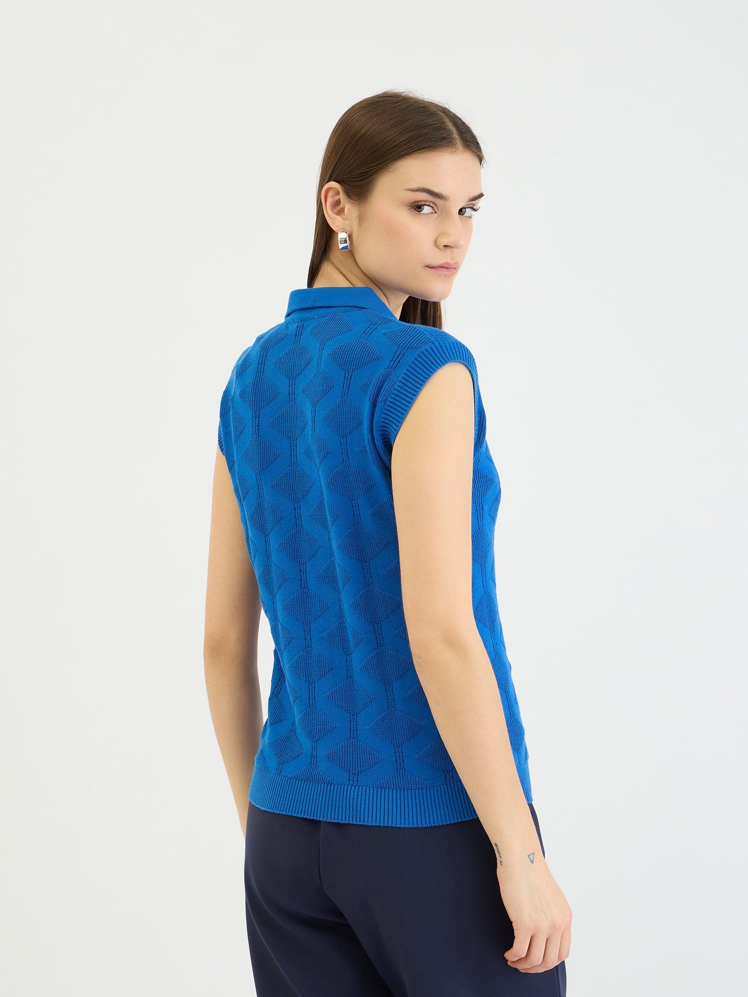 Elle Women Blue Knitted Polo Tshirt