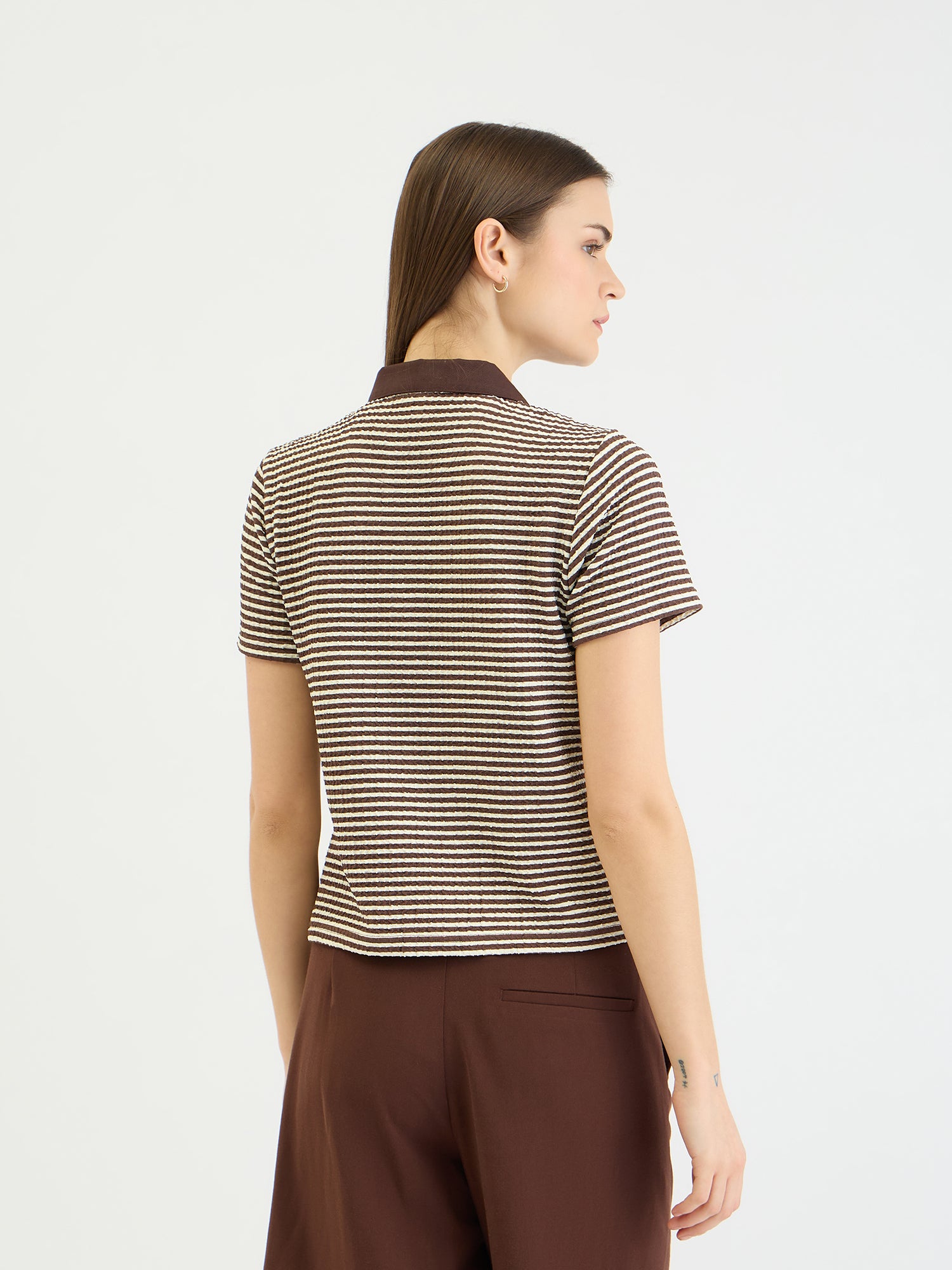 Shop Elle Women Brown Striped Polo Tshirt Online – Iconic India