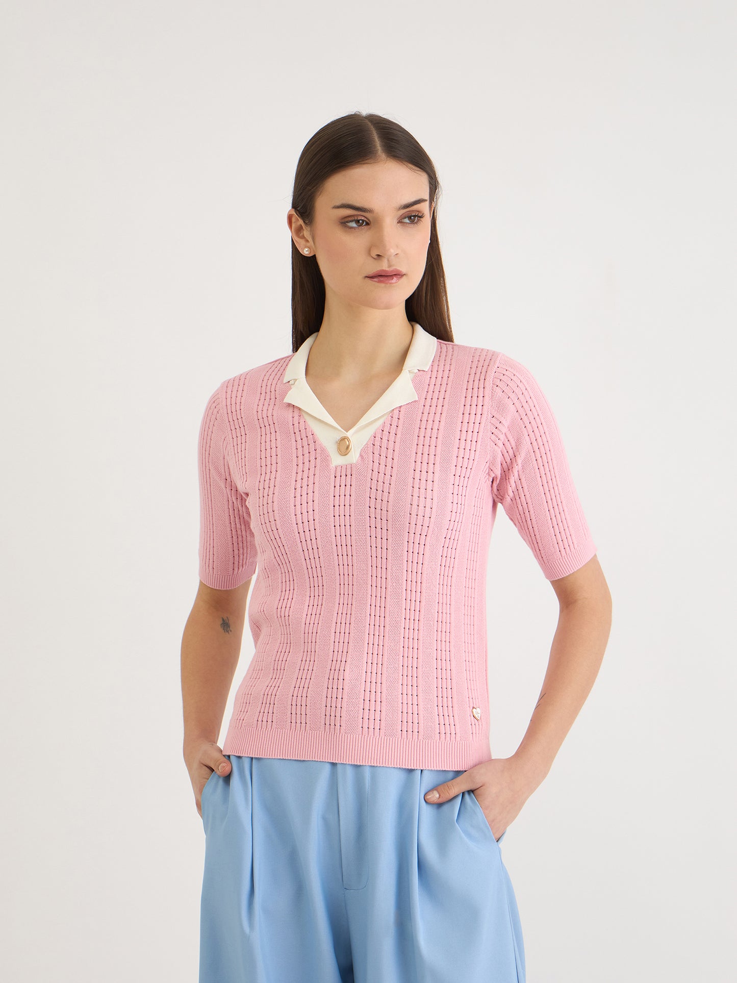 Elle Women Pink Knitted Polo Tshirt