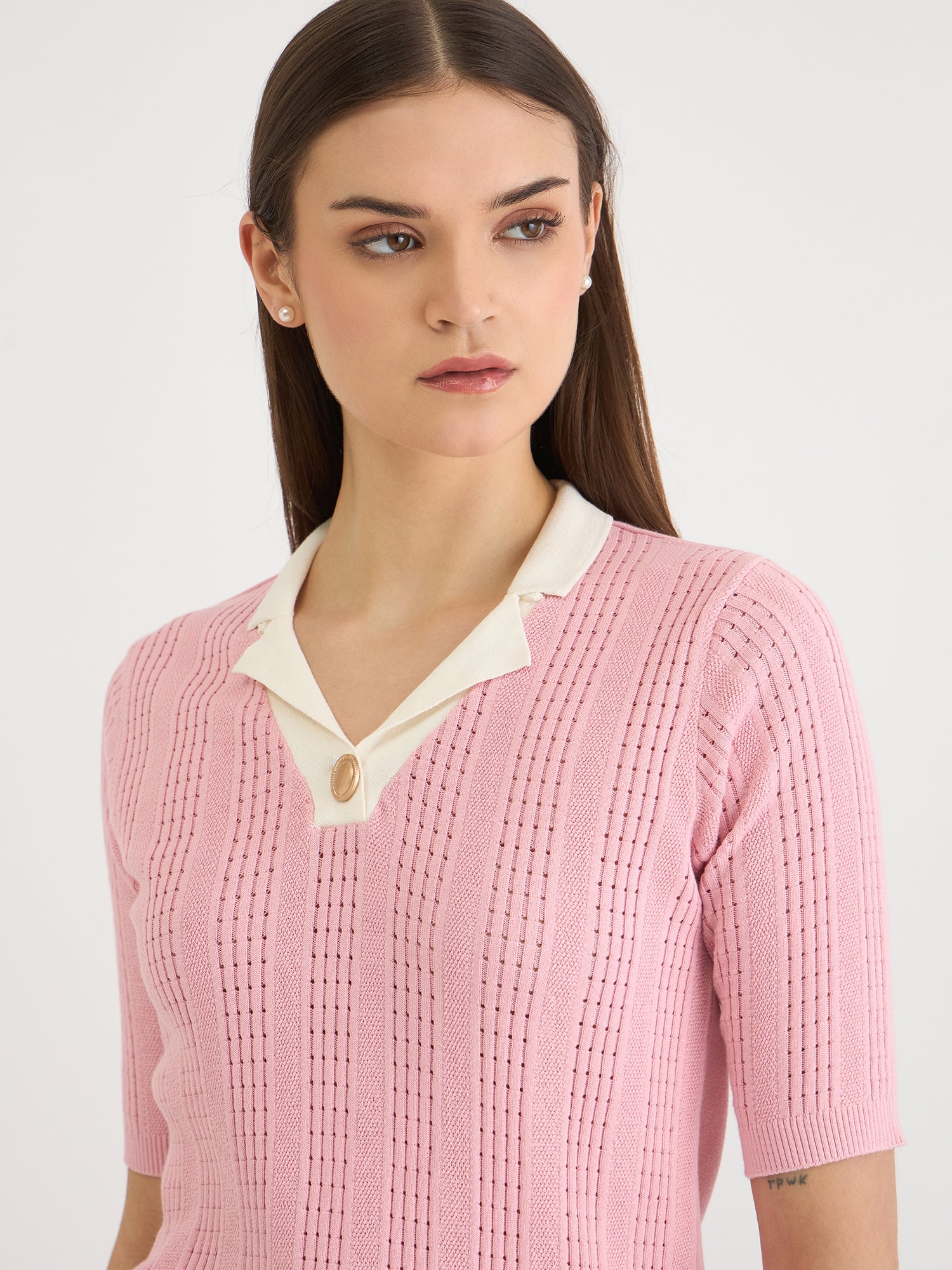 Elle Women Pink Knitted Polo Tshirt