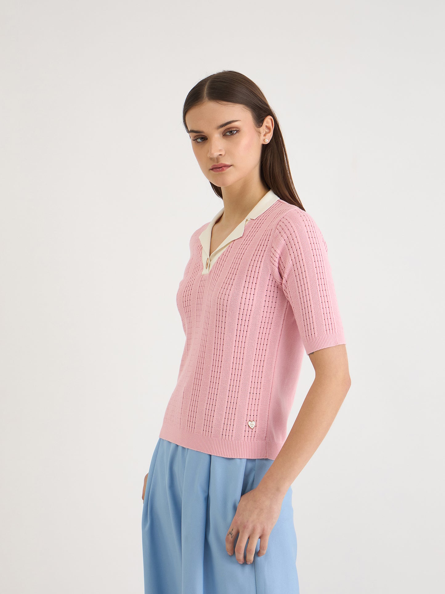 Elle Women Pink Knitted Polo Tshirt