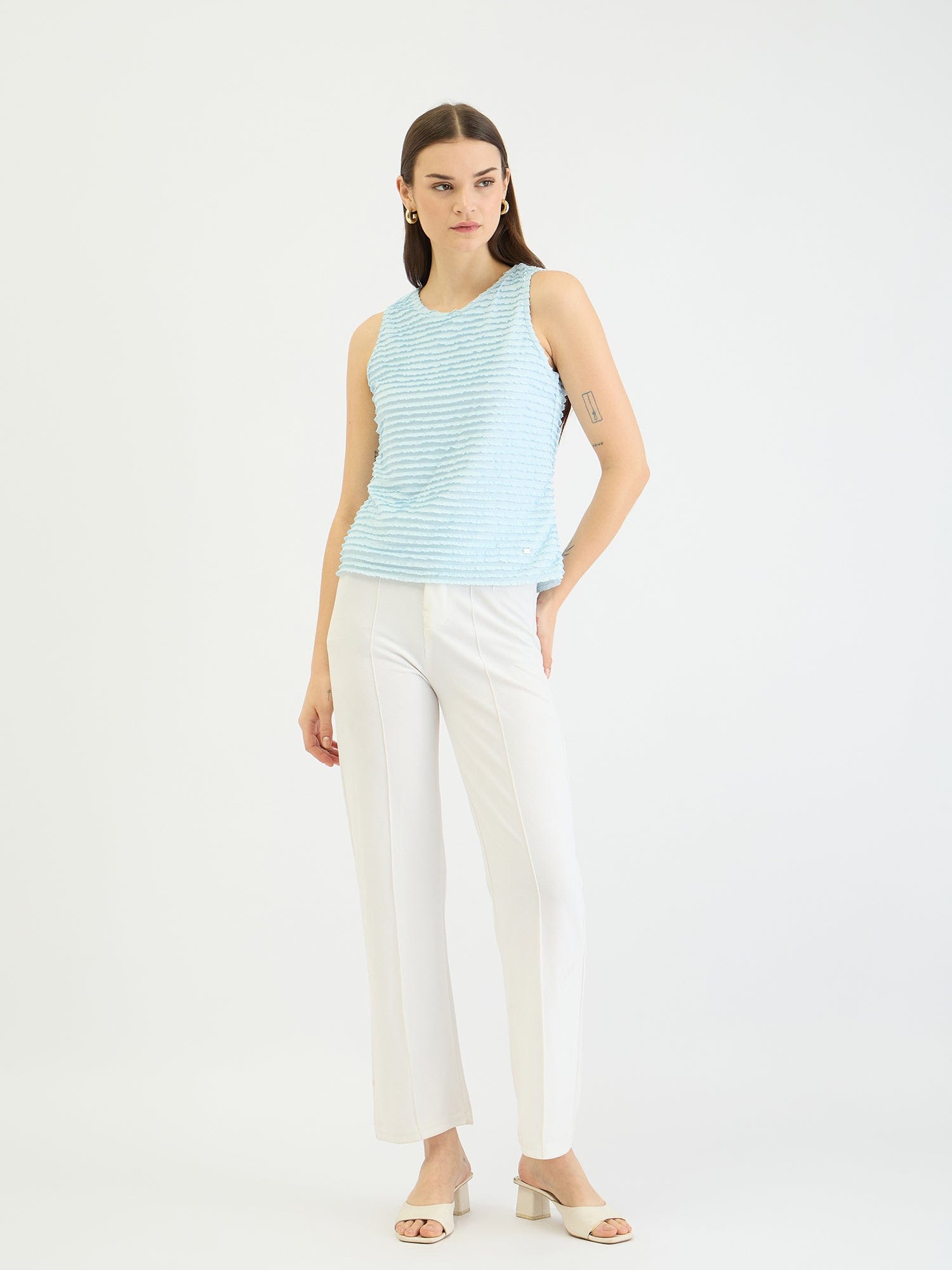 Elle Women Blue Textured Round Neck Tshirt