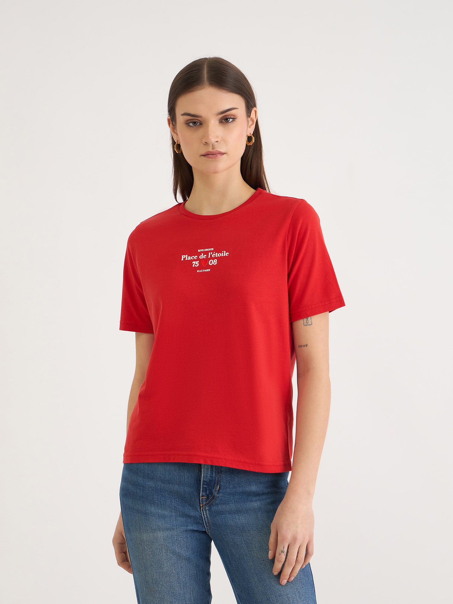 Elle Women Red Solid Crew Neck Tshirt