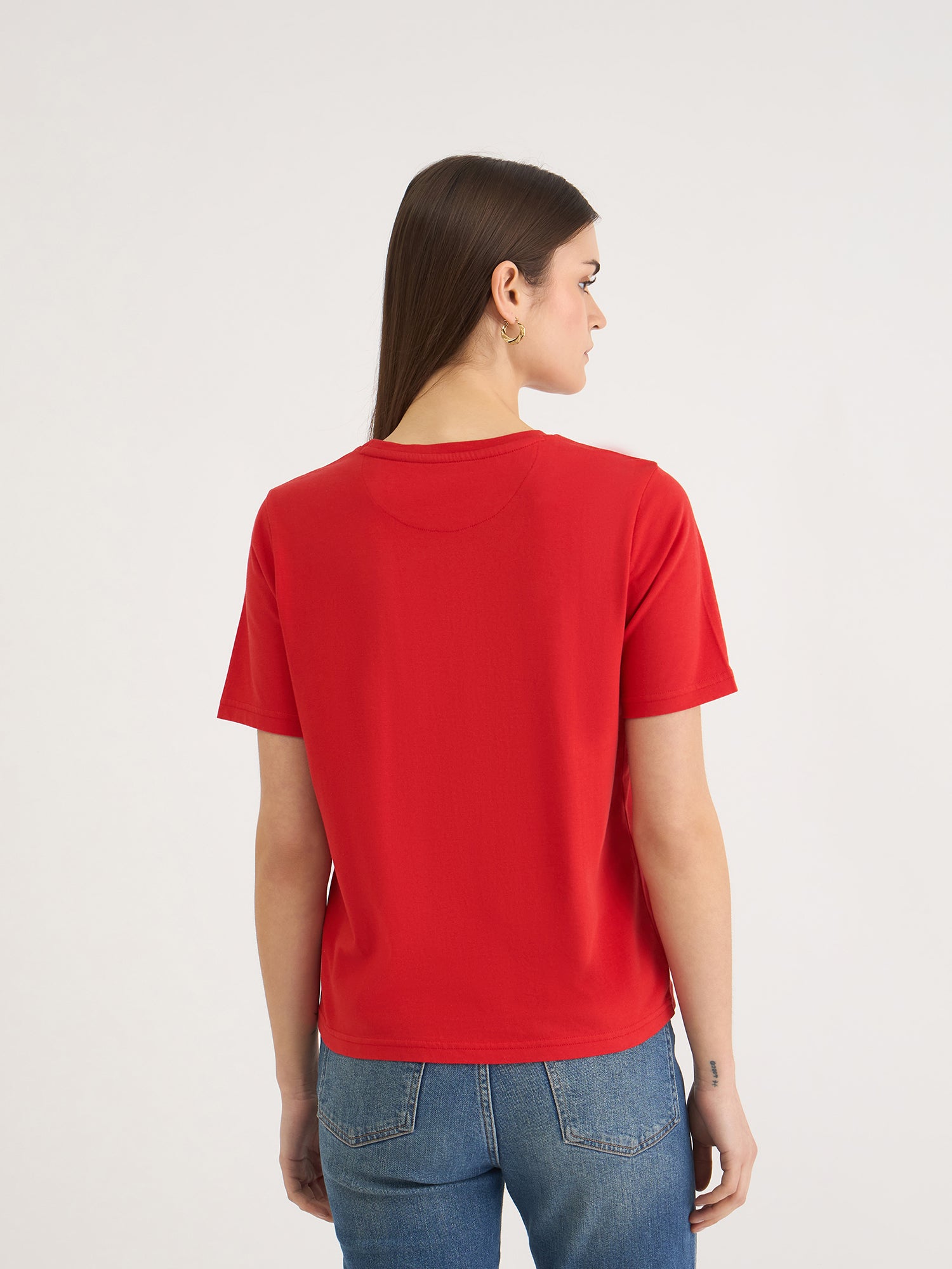 Elle Women Red Solid Crew Neck Tshirt