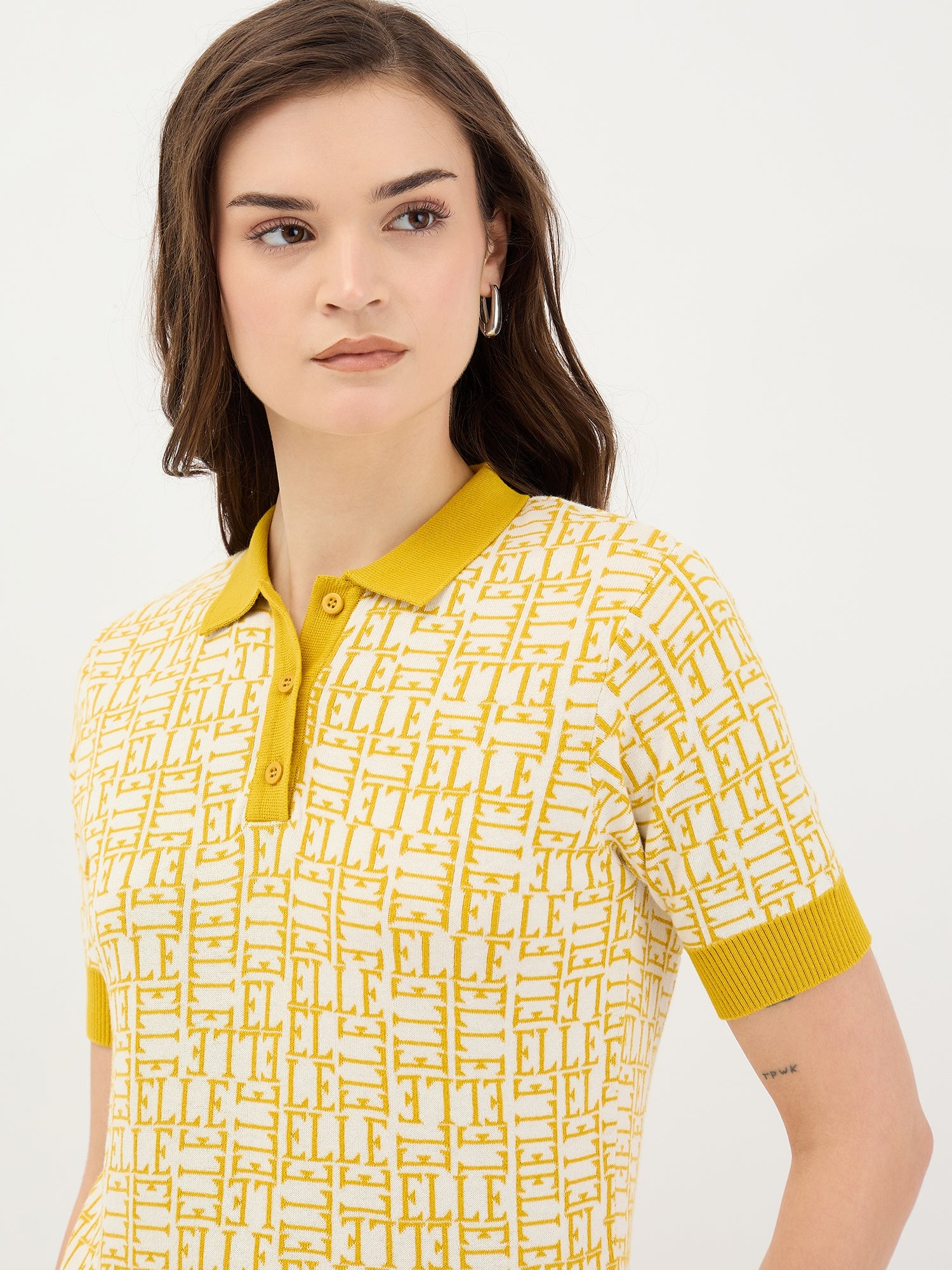 Elle Women White Knitted Polo Tshirt