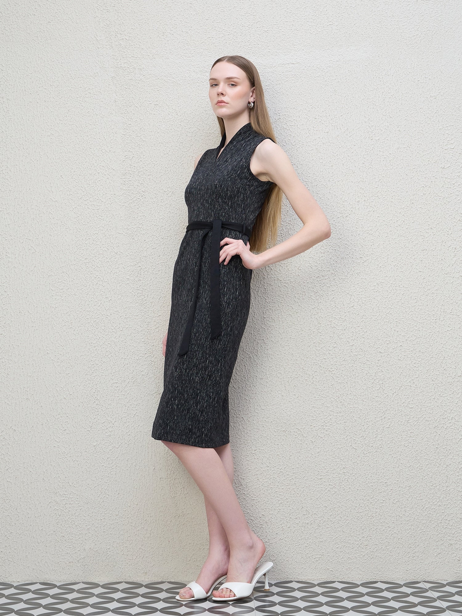 Iconic Women Black Textured Shawl Collar Dress