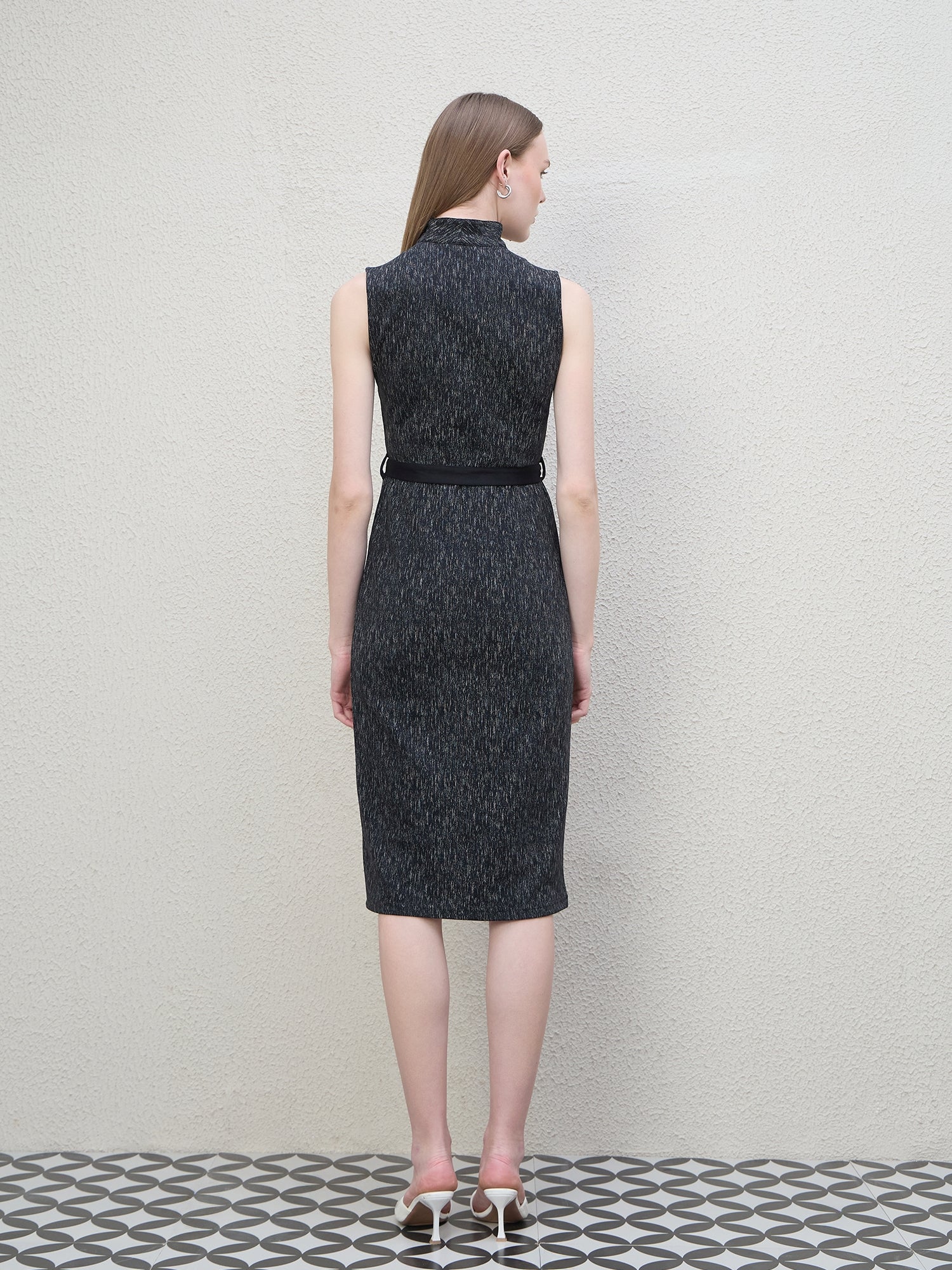 Iconic Women Black Textured Shawl Collar Dress