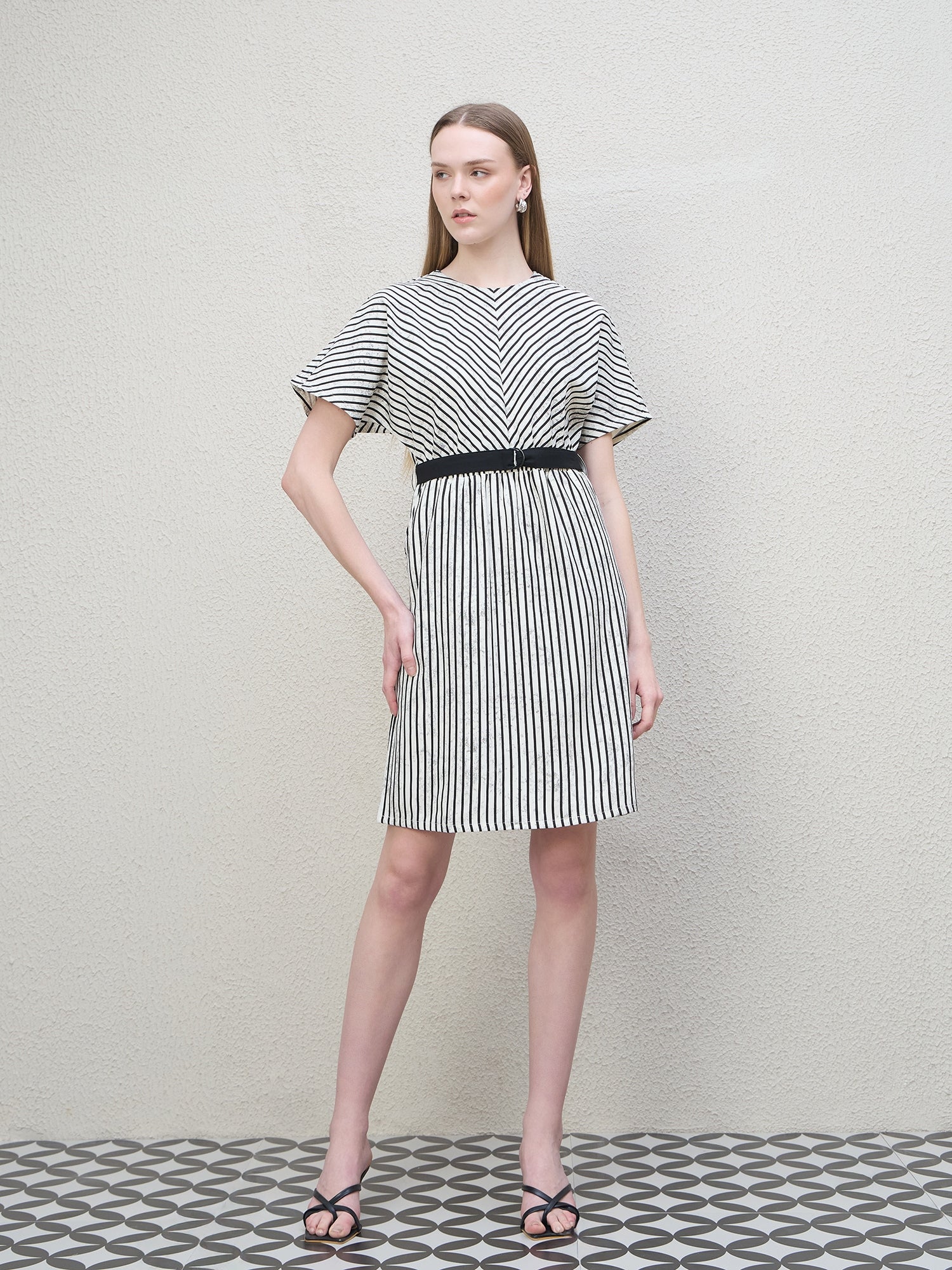 Iconic Women Black Striped Round Neck Dress