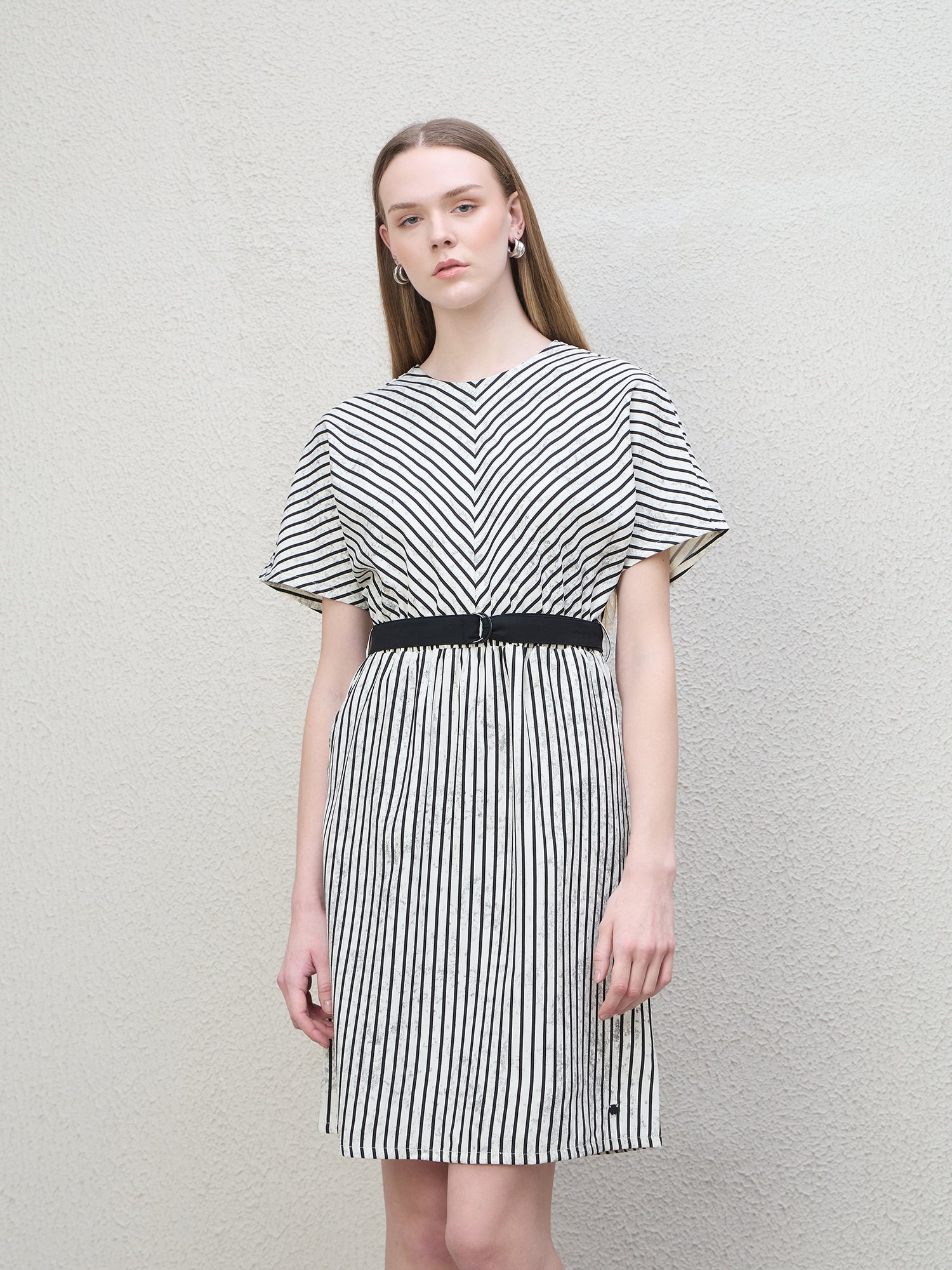 Iconic Women Black Striped Round Neck Dress