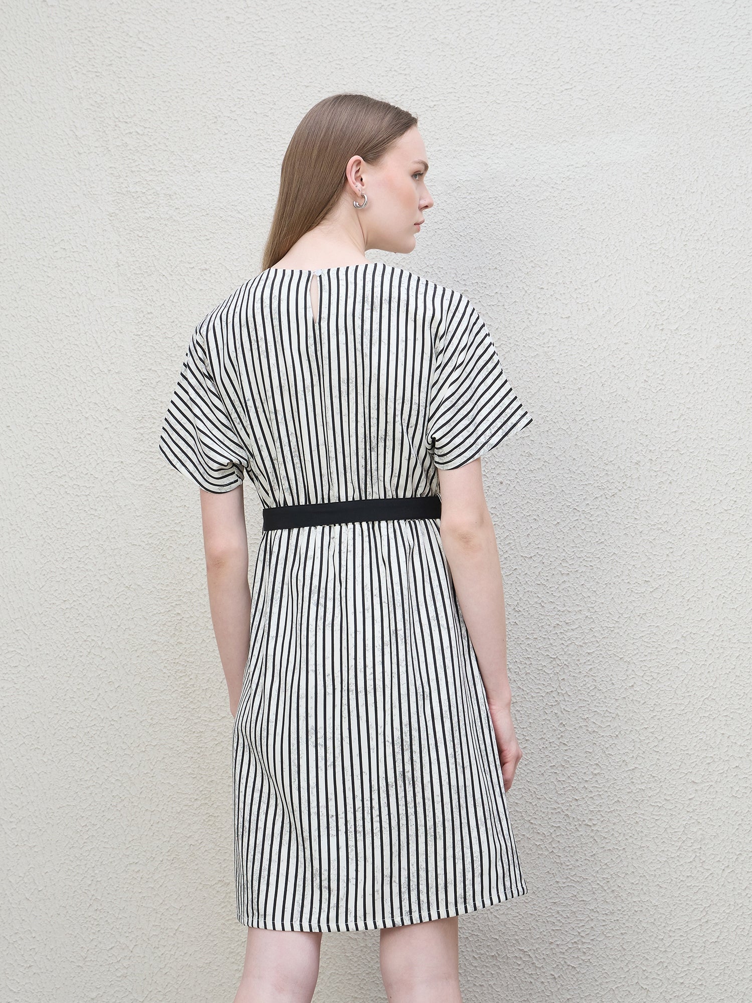 Iconic Women Black Striped Round Neck Dress