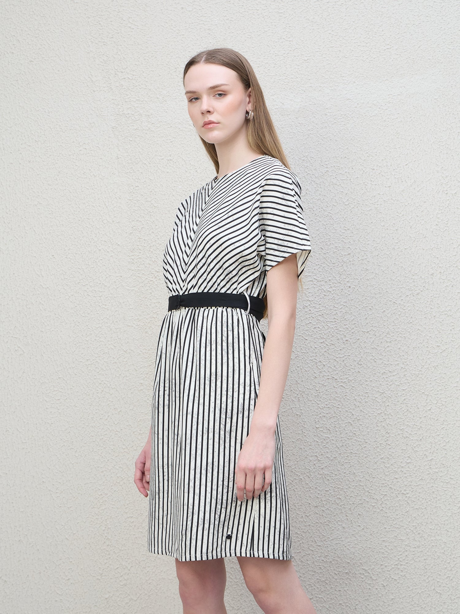 Iconic Women Black Striped Round Neck Dress