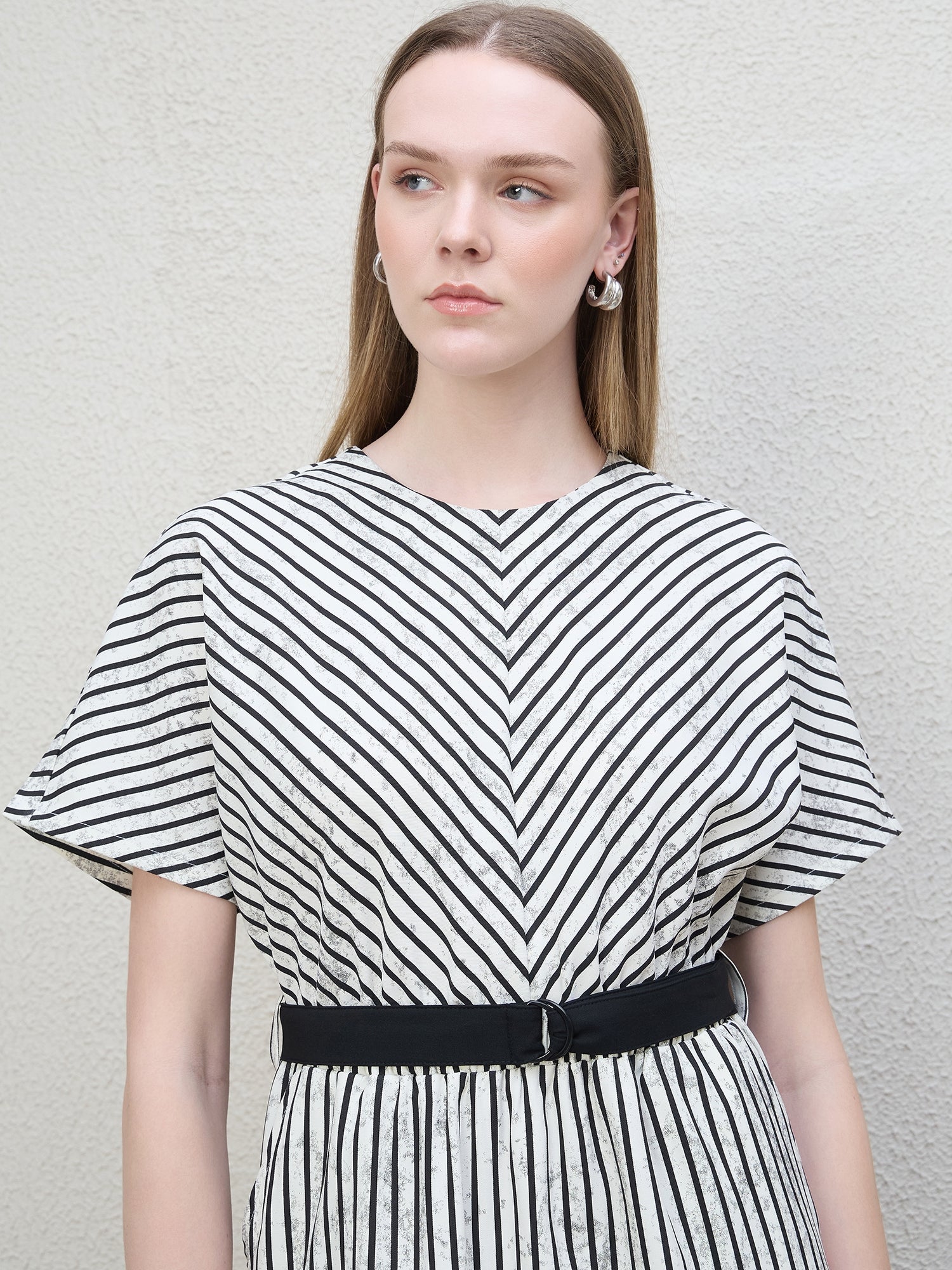 Iconic Women Black Striped Round Neck Dress