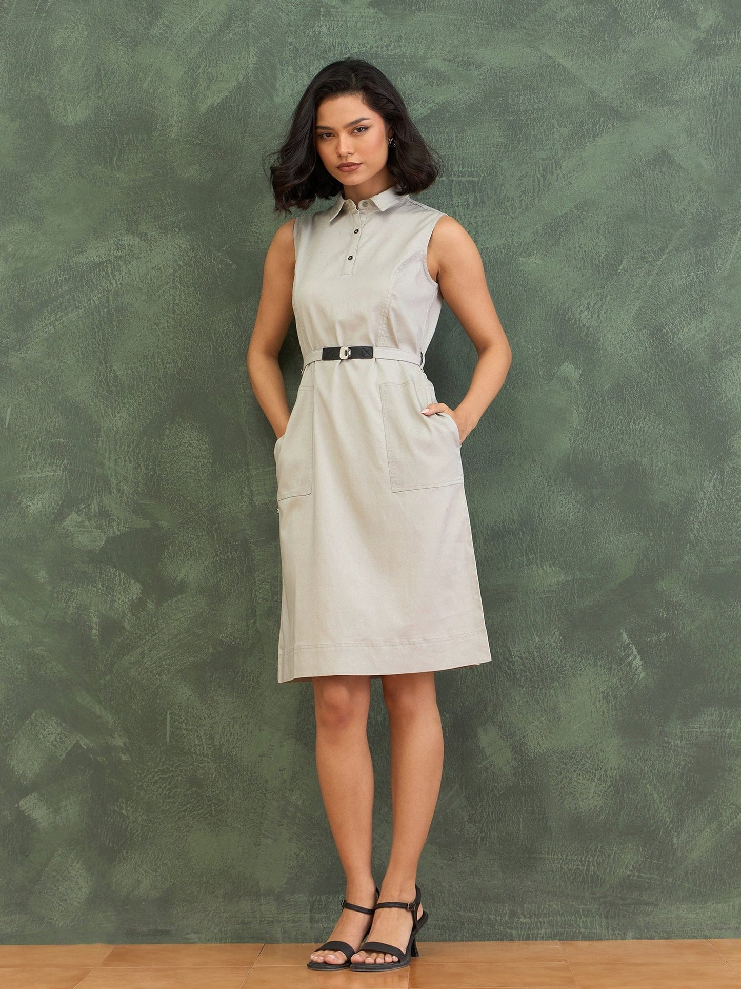 Iconic Women Grey Solid Shirt Collar Dress
