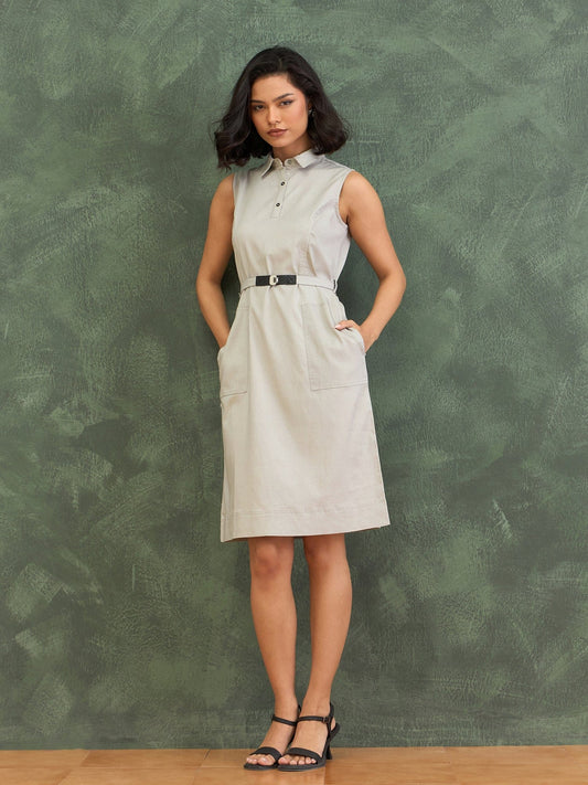 Iconic Women Grey Solid Shirt Collar Dress