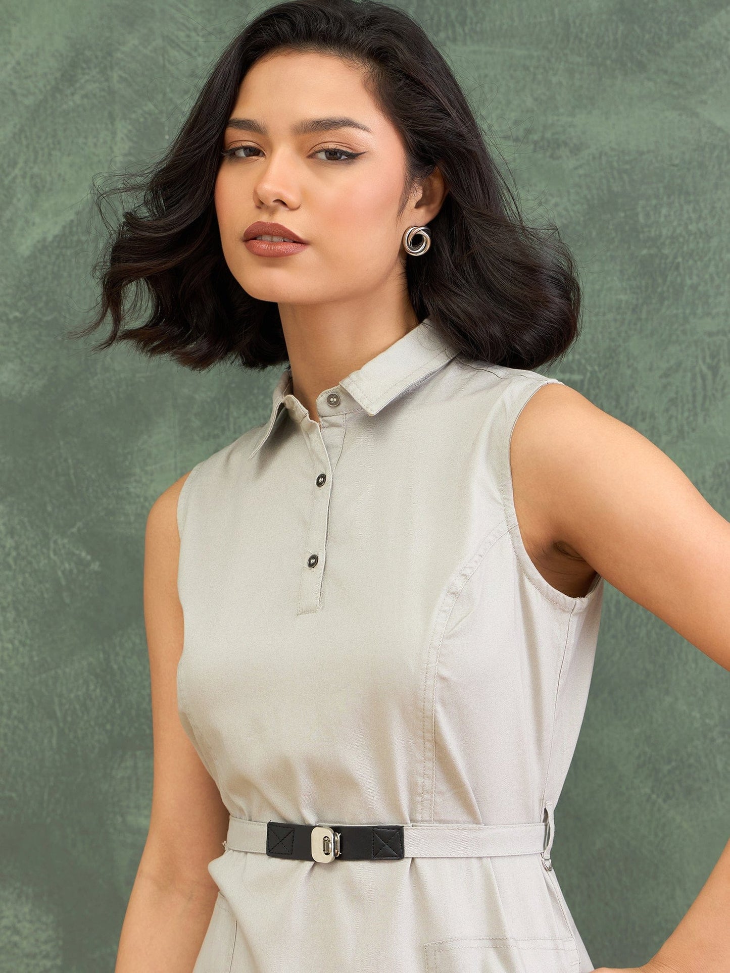 Iconic Women Grey Solid Shirt Collar Dress