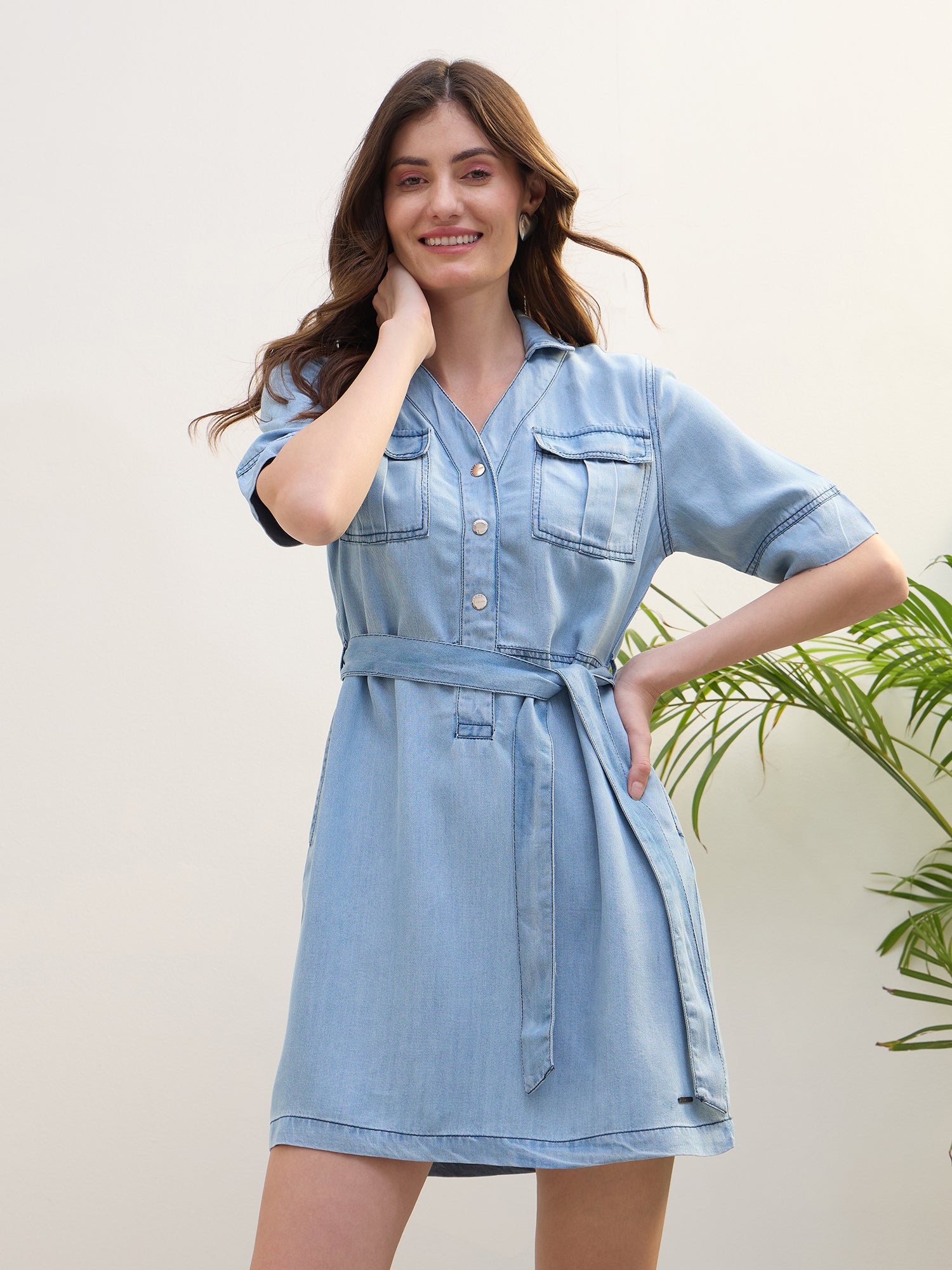 Iconic Women Blue Washed Collar Dress