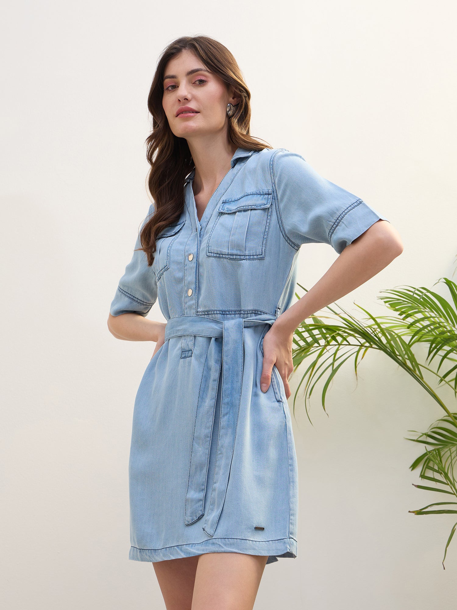Iconic Women Blue Washed Collar Dress
