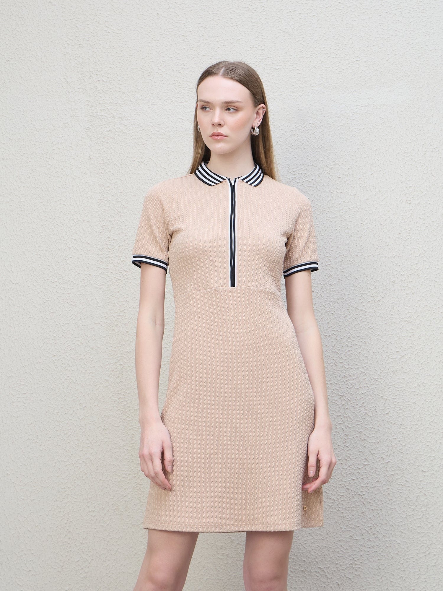 Iconic Women Beige Structured Polo Dress