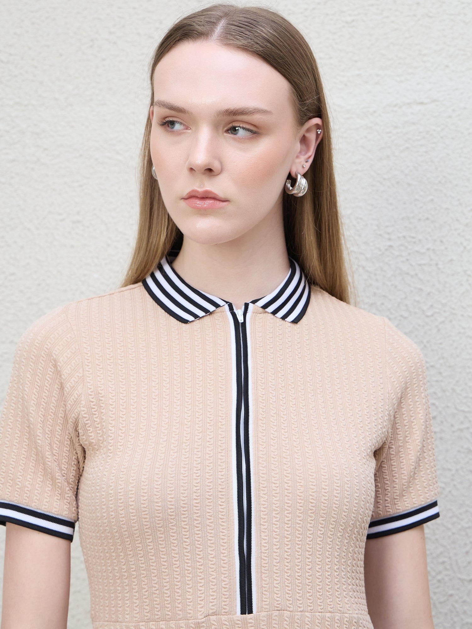 Iconic Women Beige Structured Polo Dress