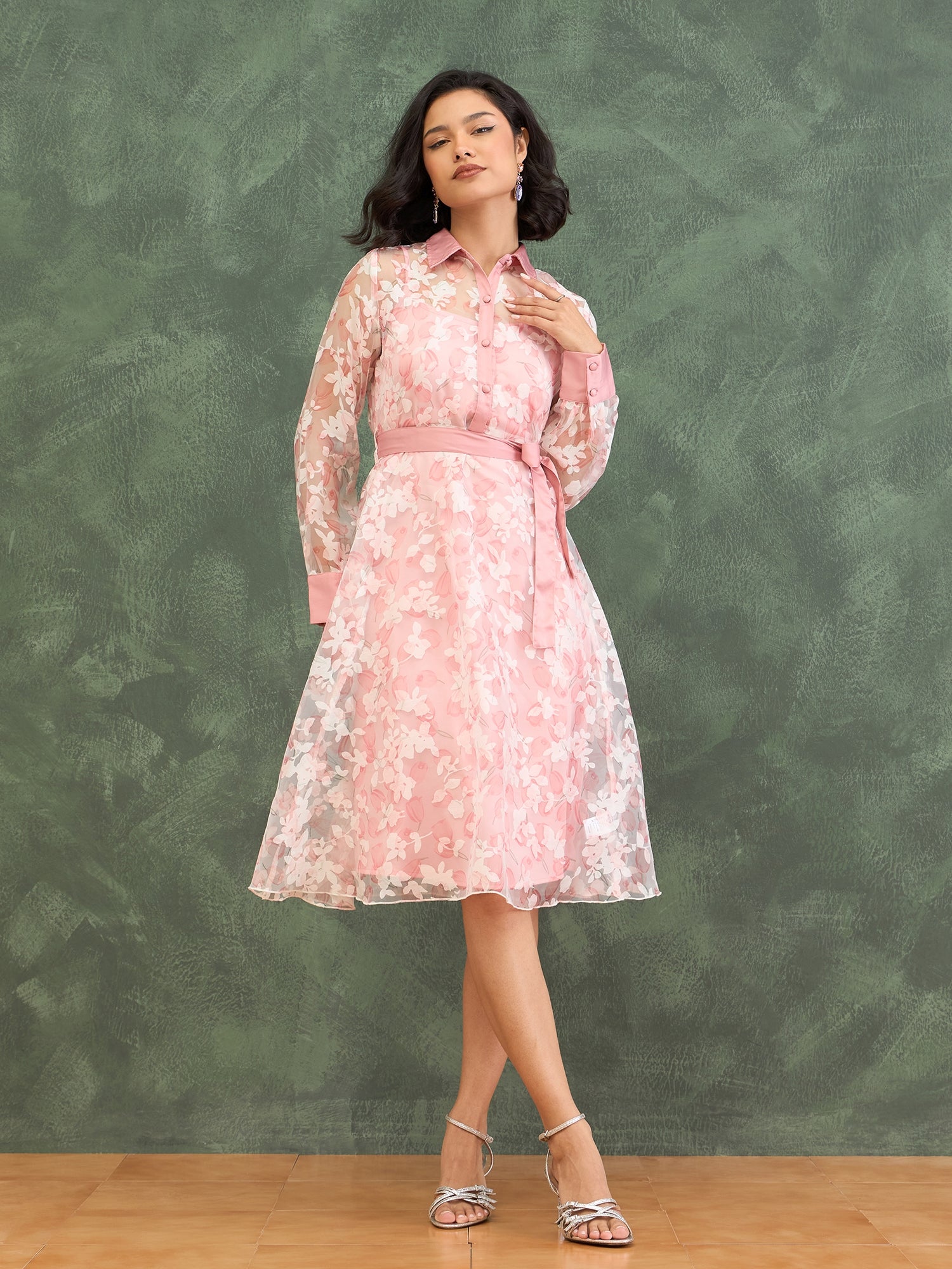 Iconic Women Pink Printed Shirt Collar Dress