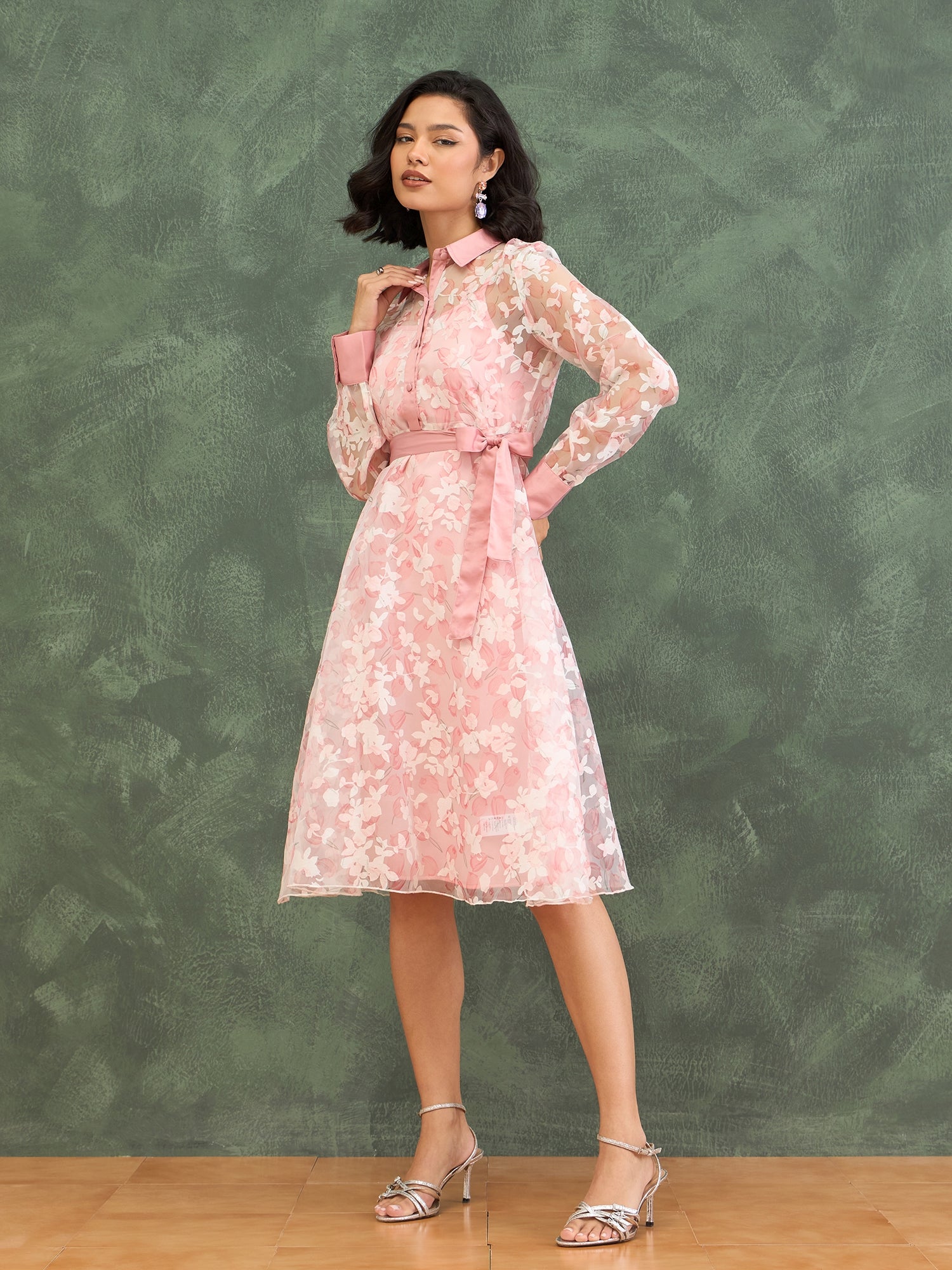 Iconic Women Pink Printed Shirt Collar Dress