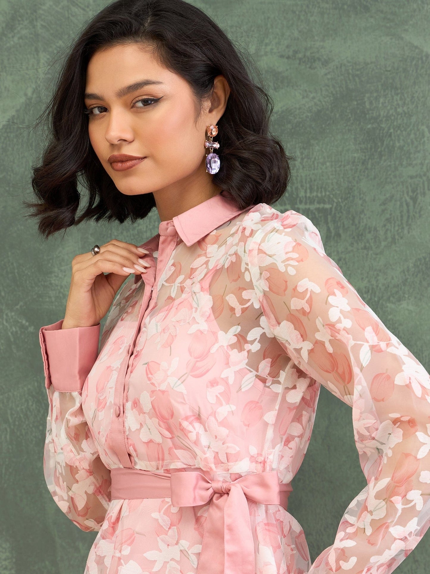 Iconic Women Pink Printed Shirt Collar Dress