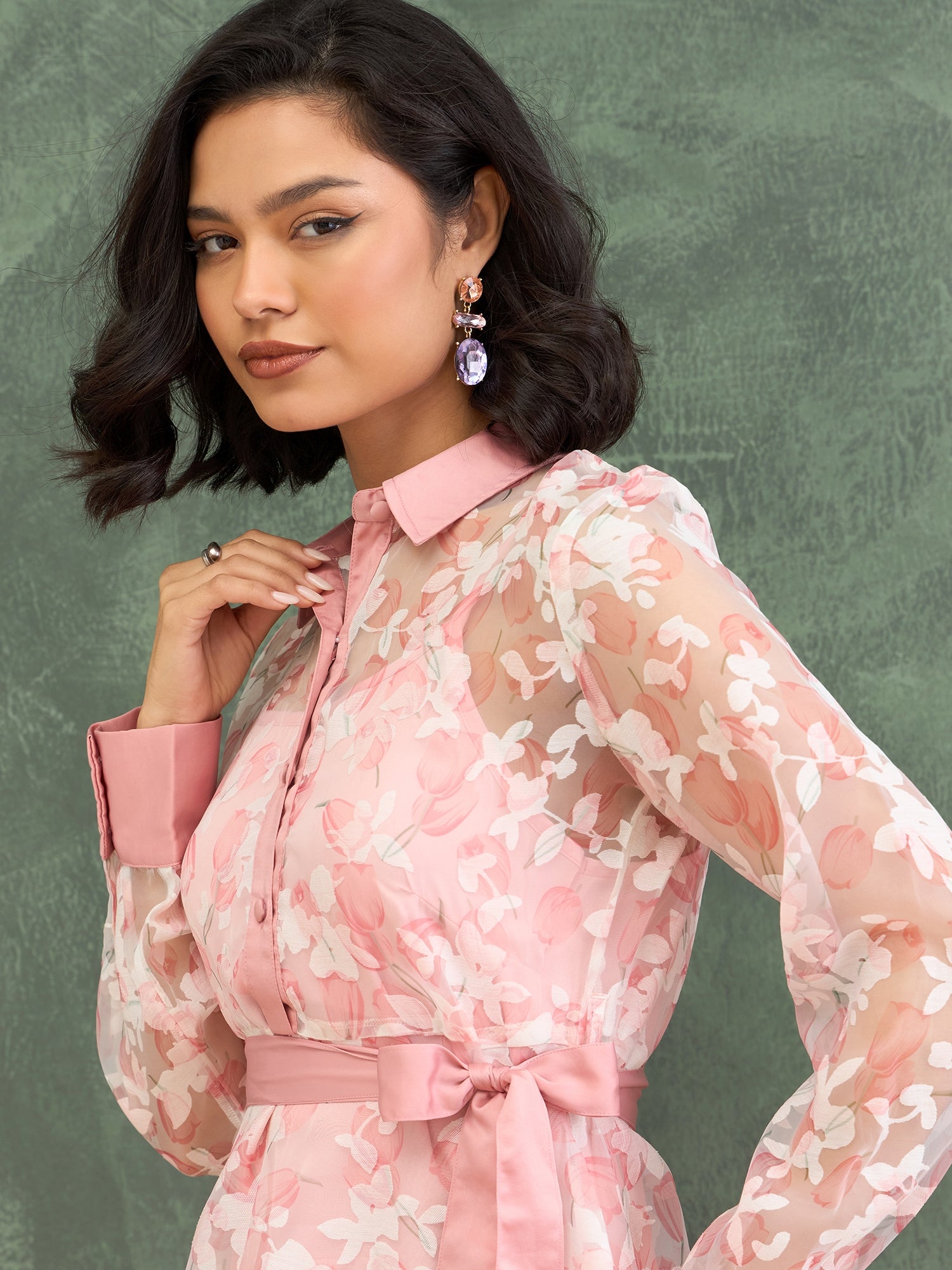 Iconic Women Pink Printed Shirt Collar Dress