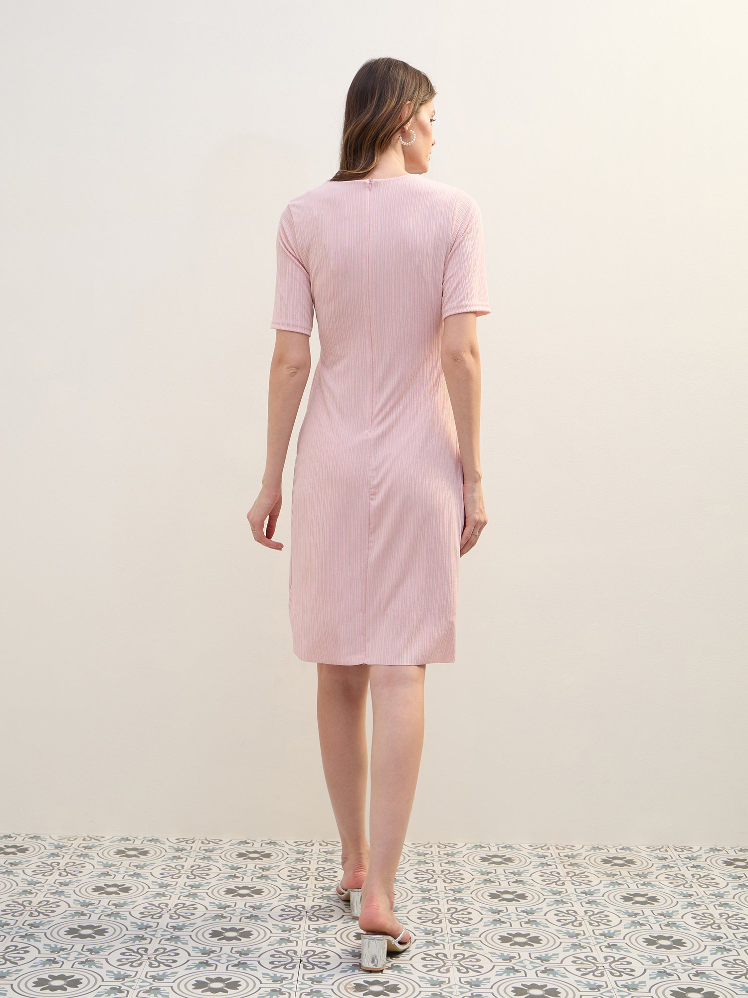 Iconic Women Pink Structured Round Neck Dress